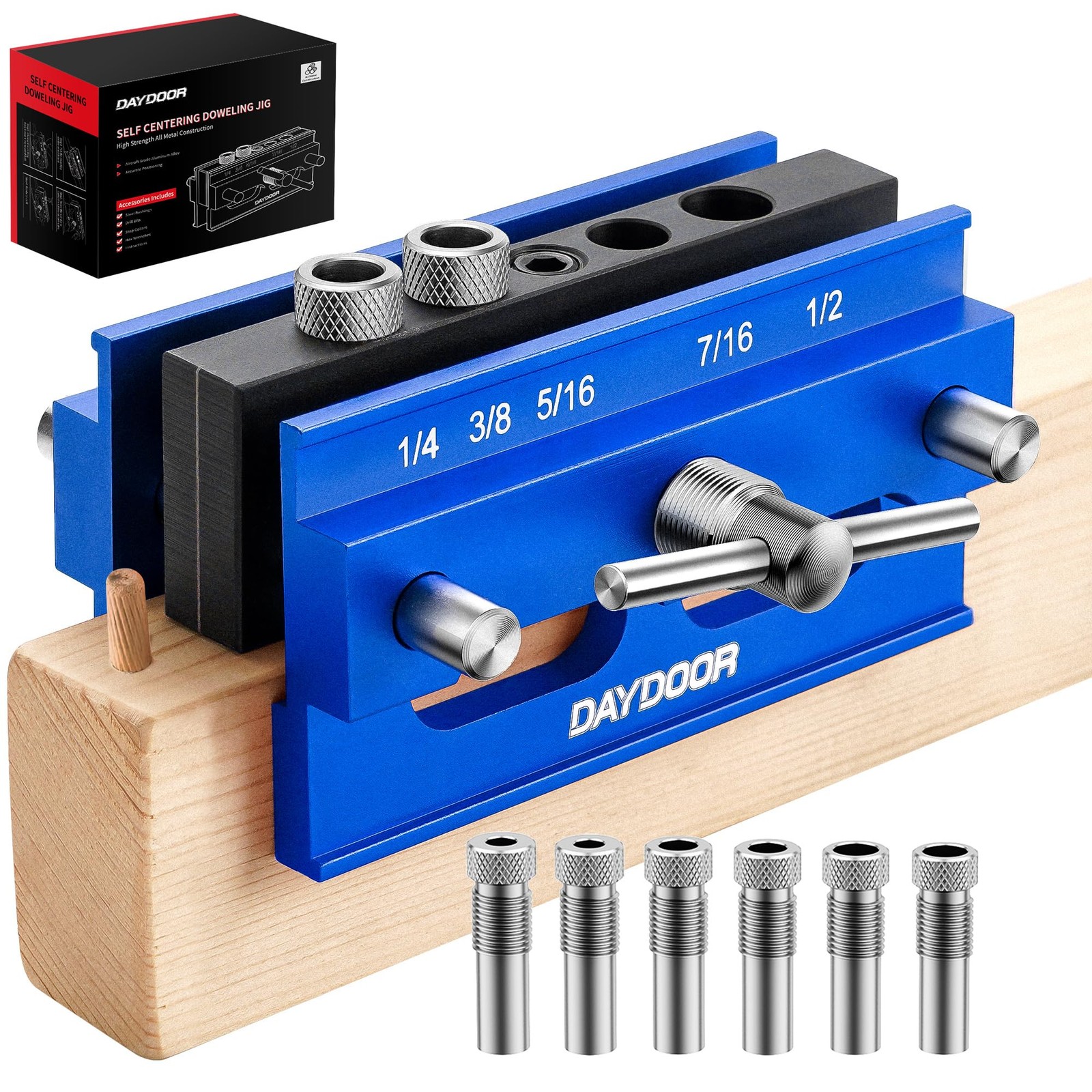 Self Centering Doweling Jig Adjustable Width Straight Holes Joiner Blue Set