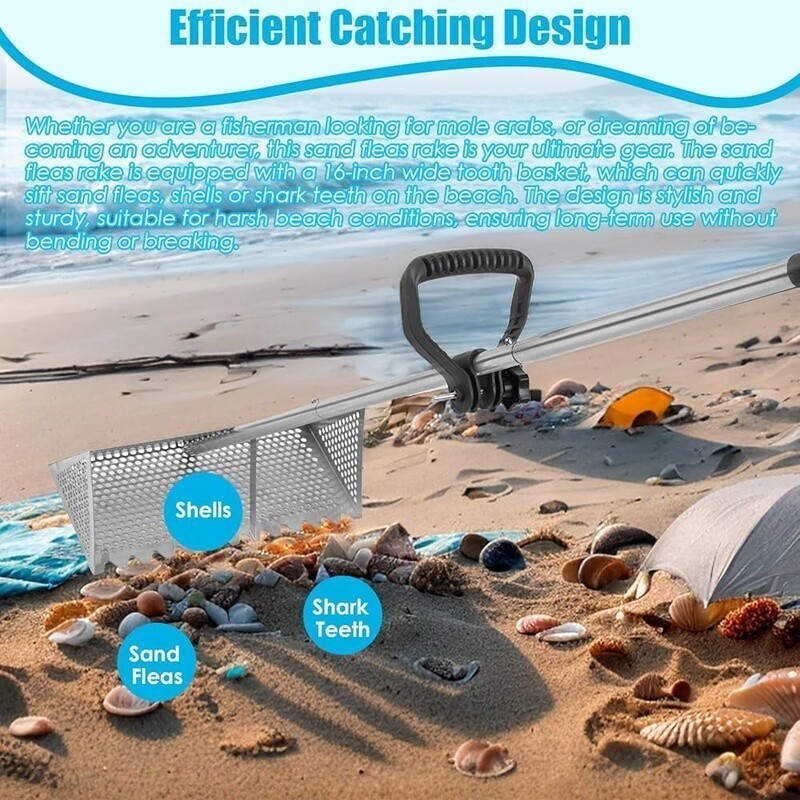 Detachable Sand Flea Rake with Shark Tooth Sifter & Auxiliary Handle Beach Use