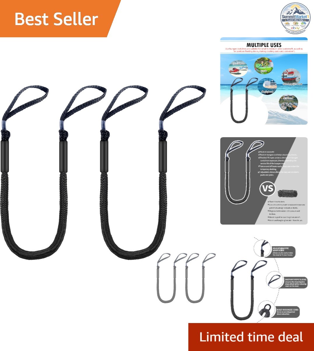Bungee Dock Lines Elastic Pontoon Mooring Ropes 4 Feet Black