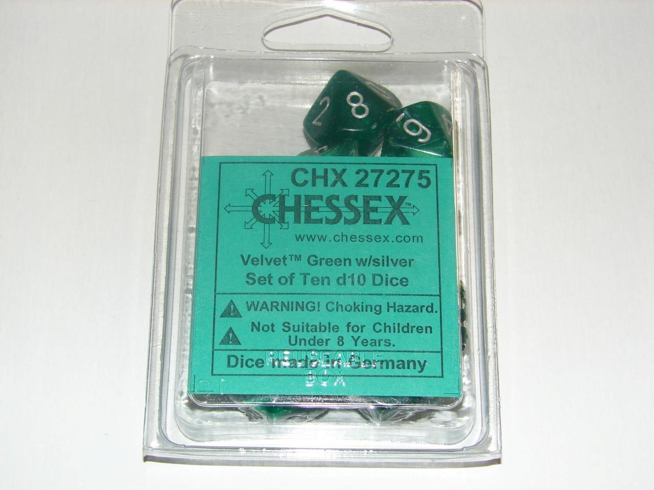 NEW Chessex Velvet Green w/Silver 10d10 Die Set - CHX 27275