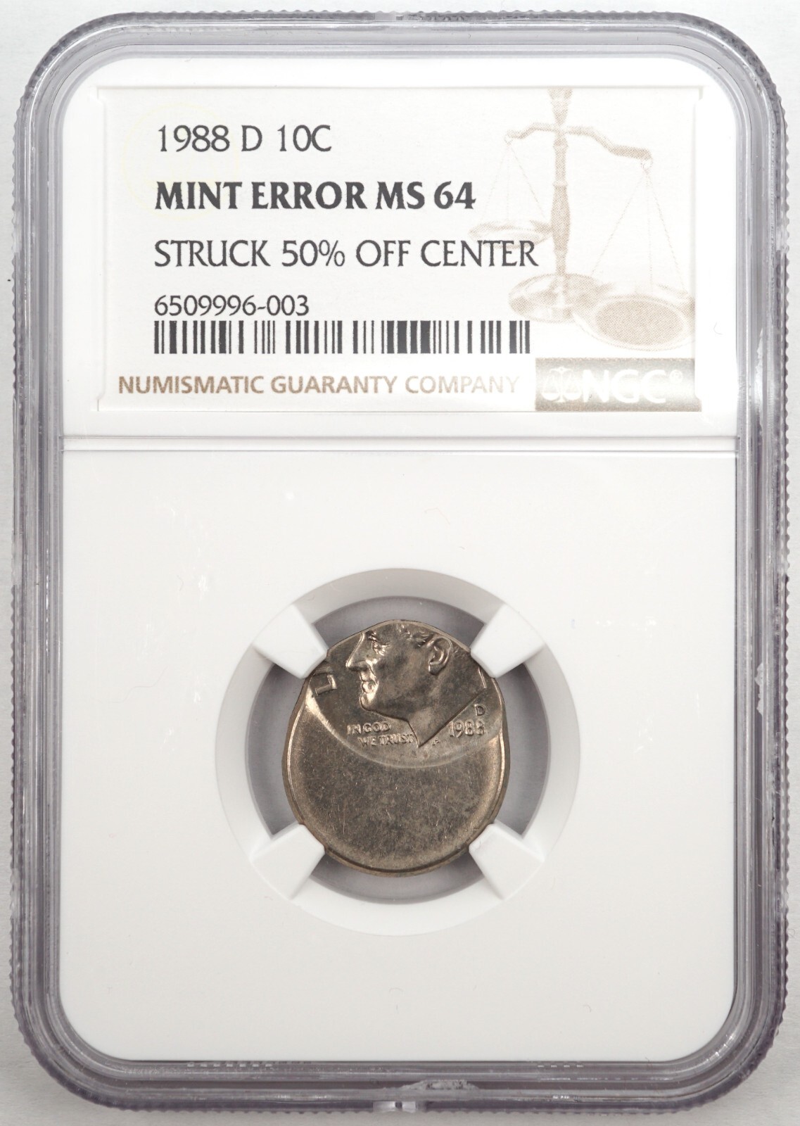1988 D 10c Dime Struck 50% Off Center Mint Error NICE COIN NGC MS64