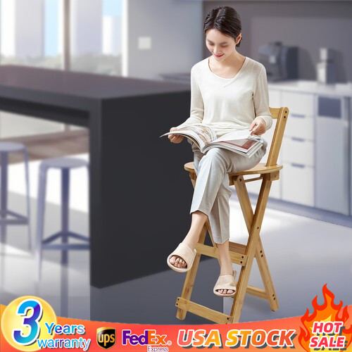 Portable Folding Bamboo Stool Tall Chair Foldable Bar Stool Porch Kitchen Chair