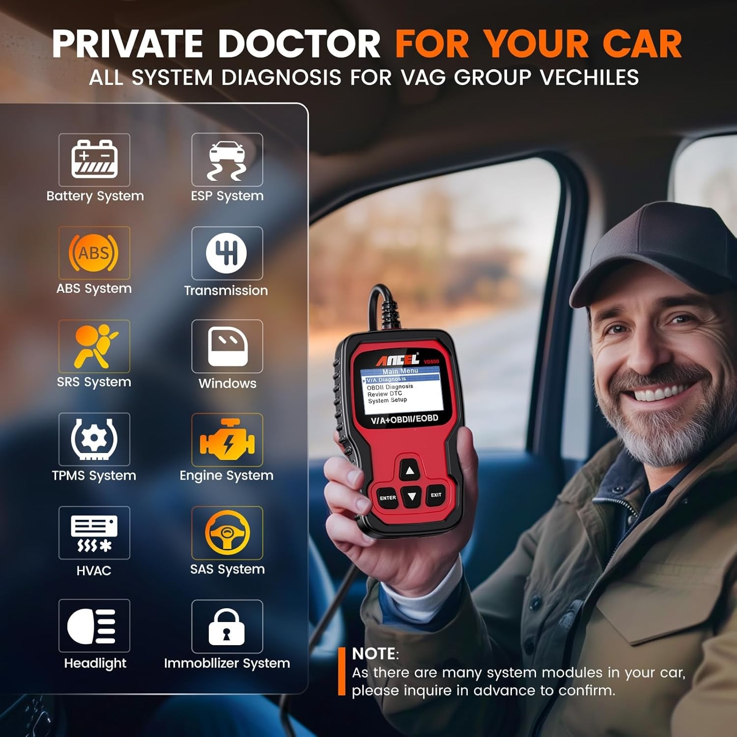 ANCEL VD500-US OBD2 Scanner Code Reader ABS SRS EPB Oil Diagnostic Tool For VAG