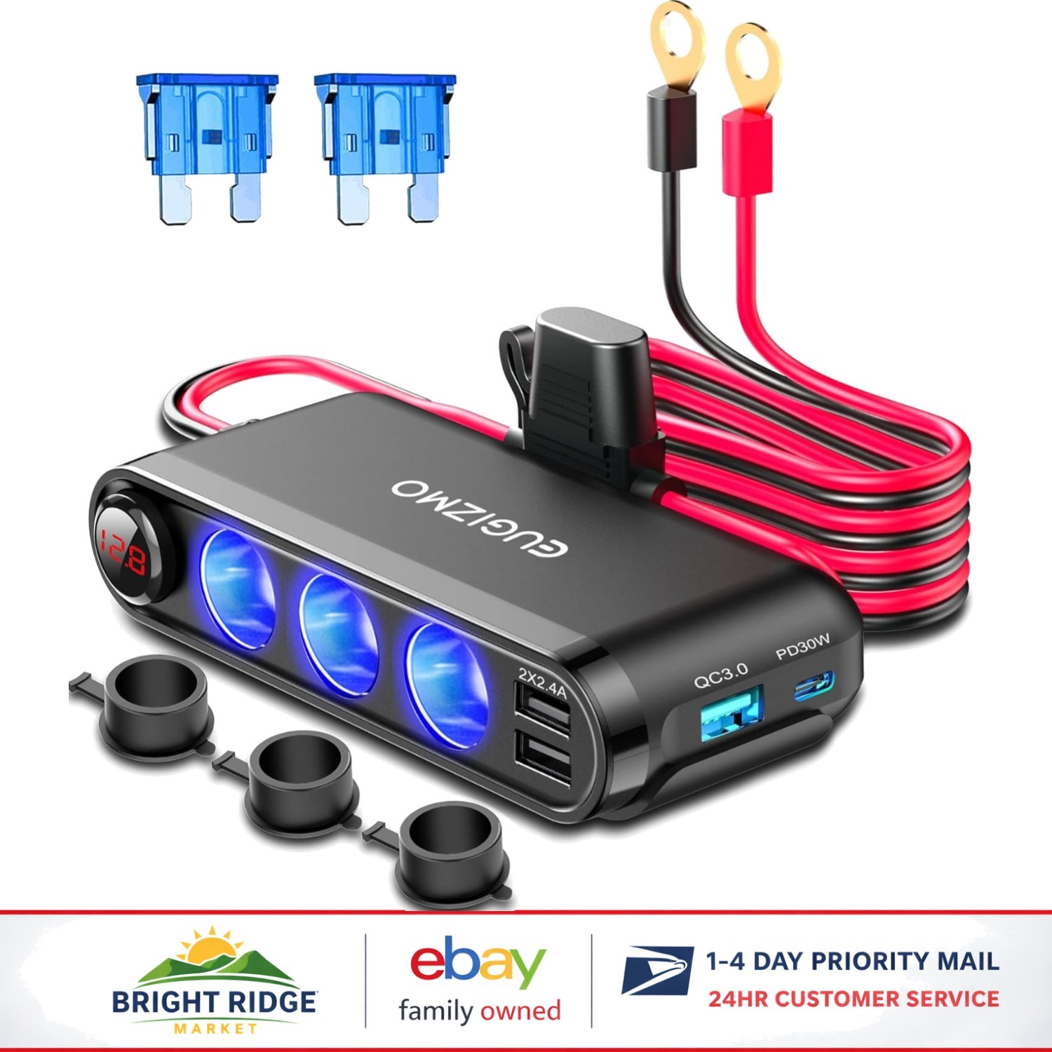 12V Car Cigarette Lighter Splitter with 4 USB Ports and Fast Charging Capability
