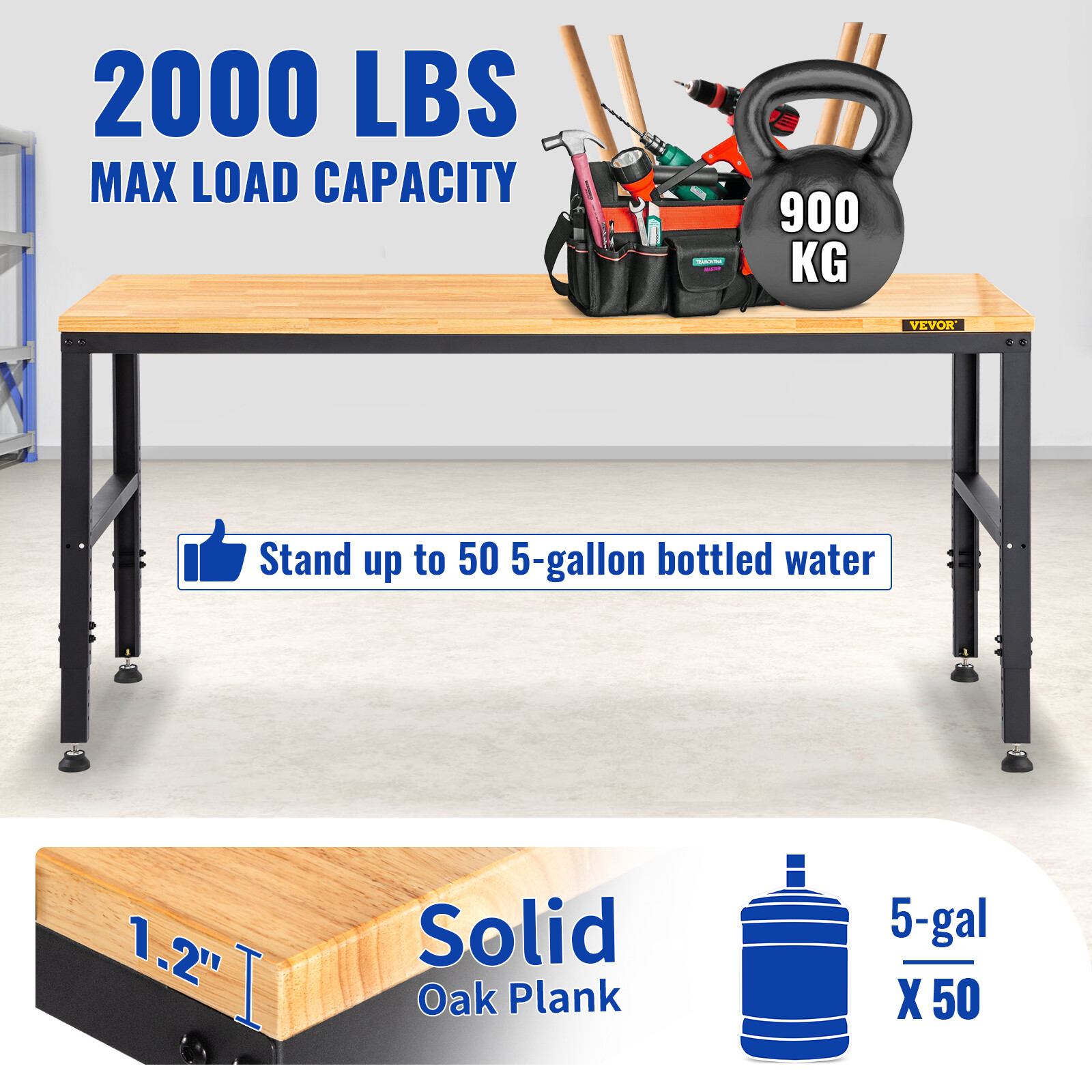 61"x 20" Adjustable Height Workbench 2000 lbs Oak Plank w/ Power Outlets 110V