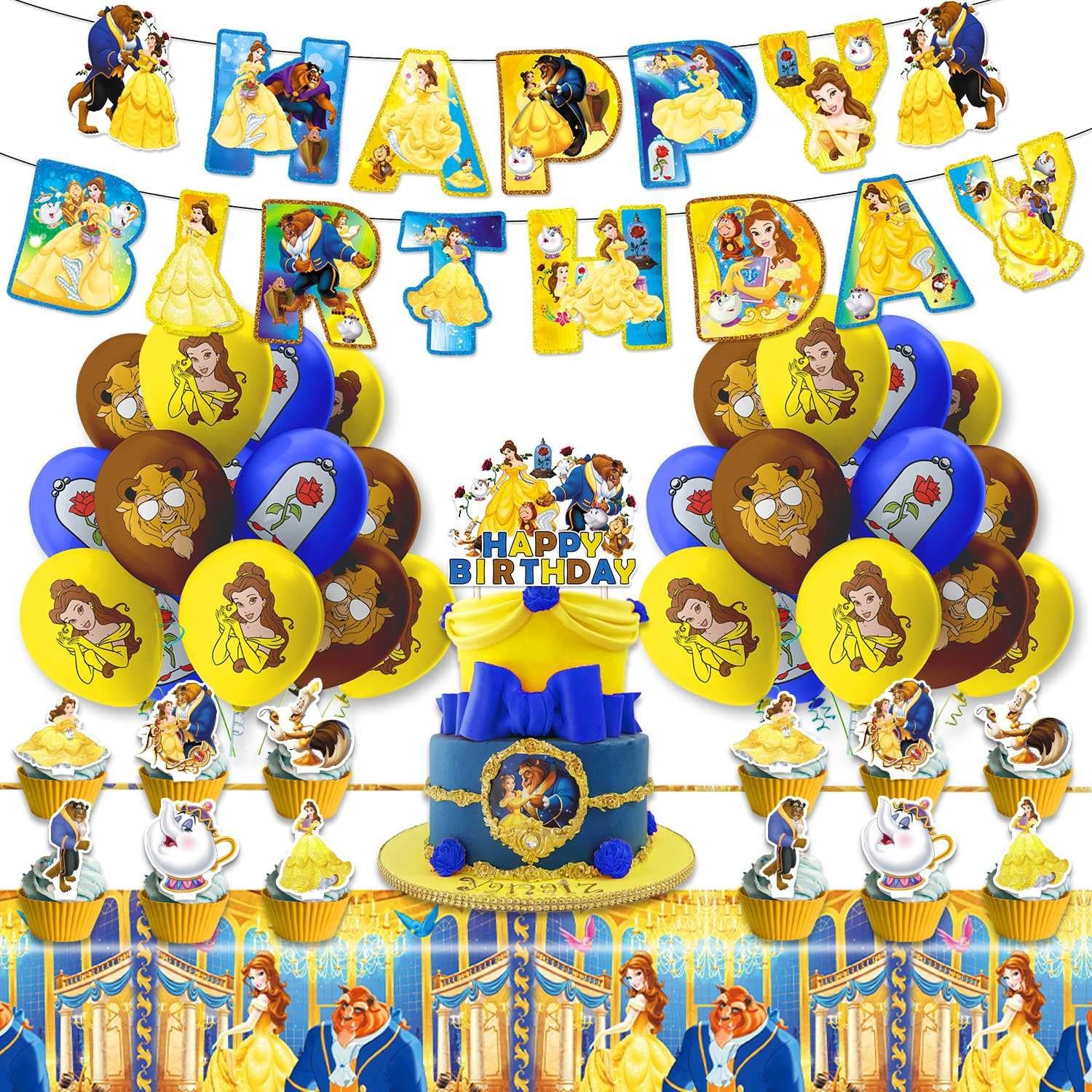 beauty and the beast Birthday Party Decoration Balloon Garland Cake Topper Set