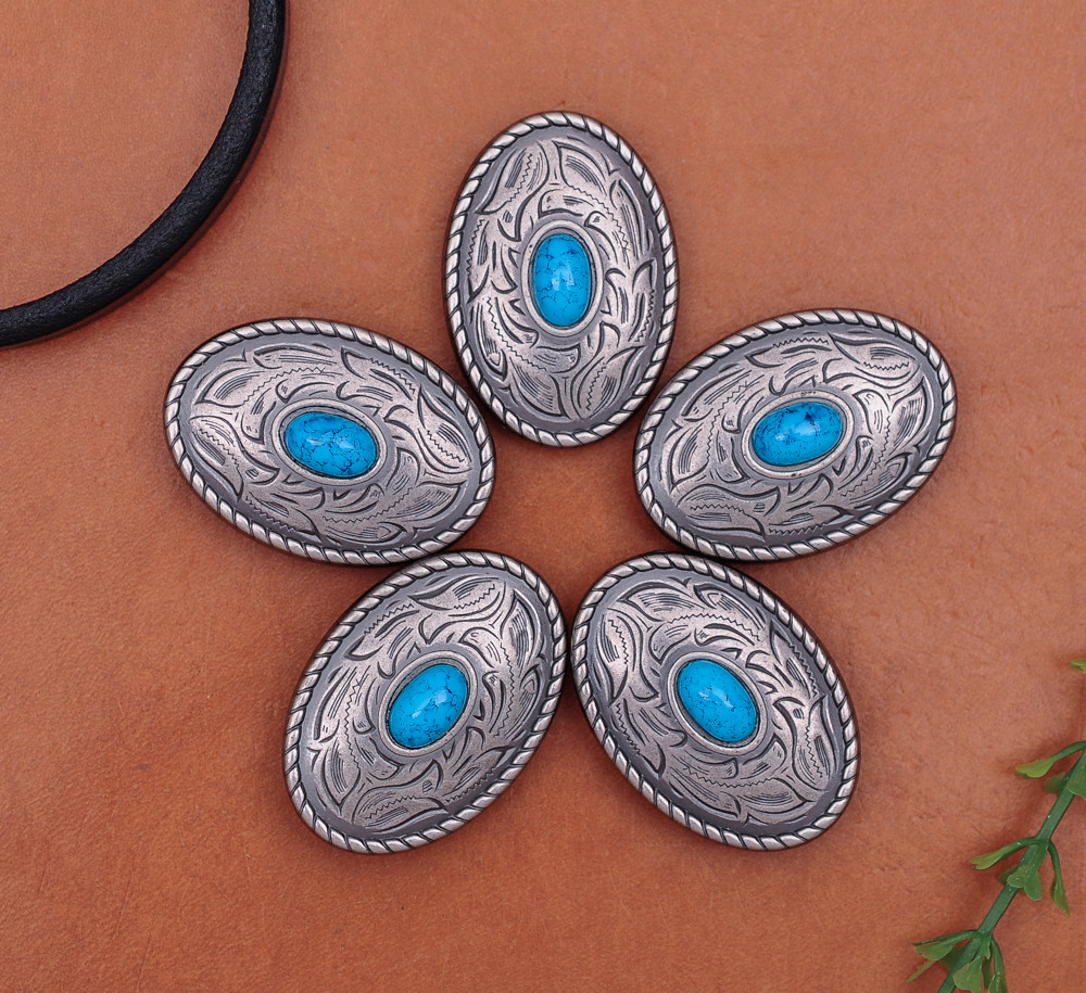 10pcs 35×25MM Oval Silver Turquoise Bead Floral Engraved Conchos Decor Screwback