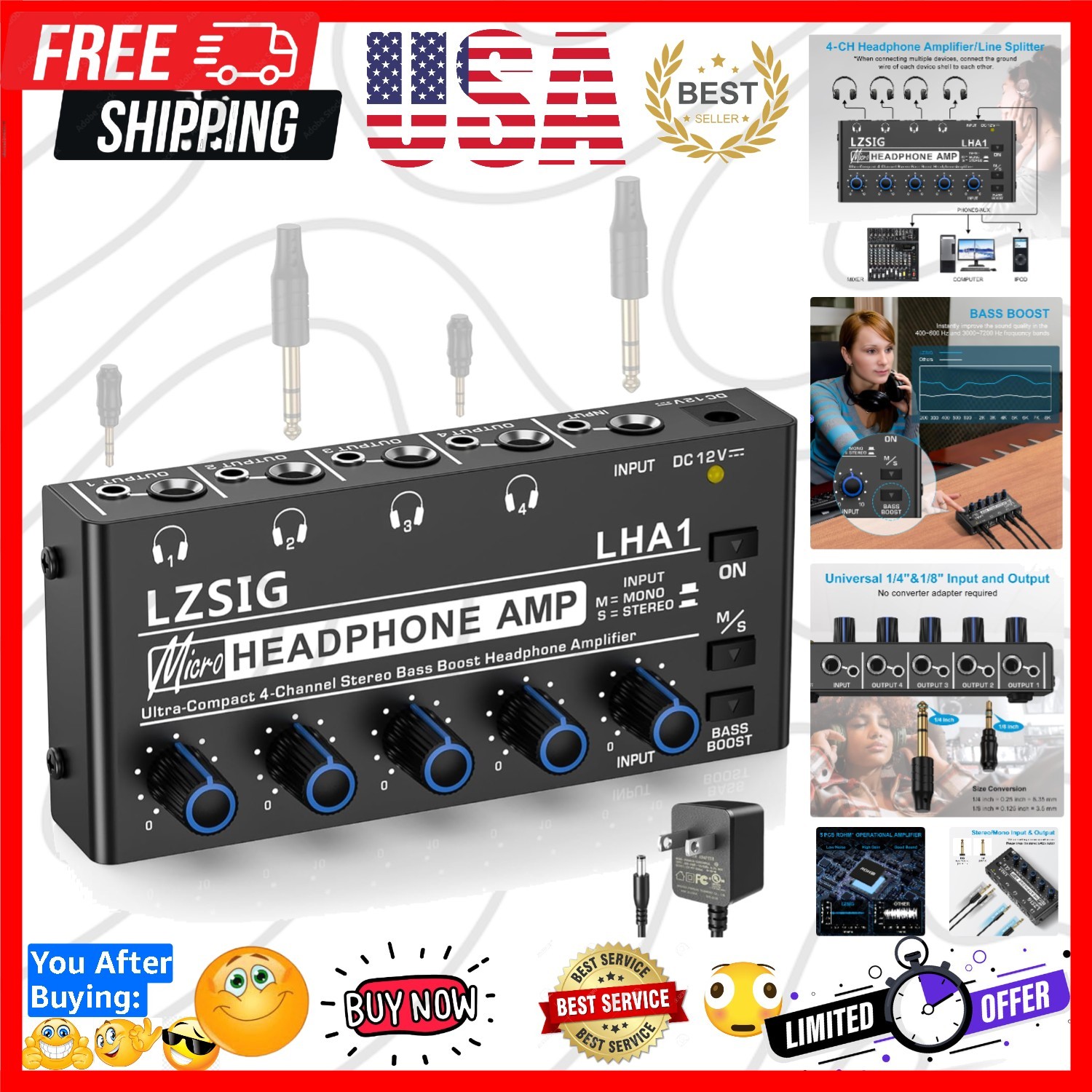 Headphone Amplifier with Bass Boost, 4 Channel, 1 IN 4 OUT, DC 12V | Metal St...