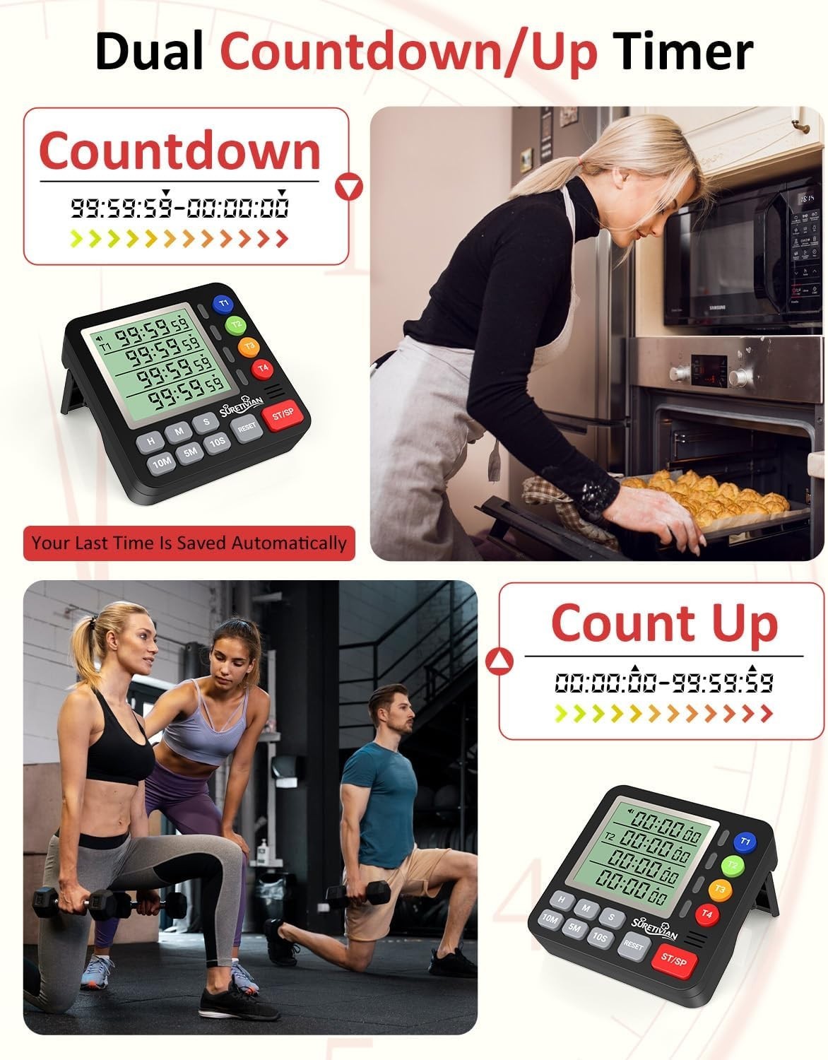 Digital Kitchen Timer for Cooking - 4 Channel Count Up Countdown Timer with L...