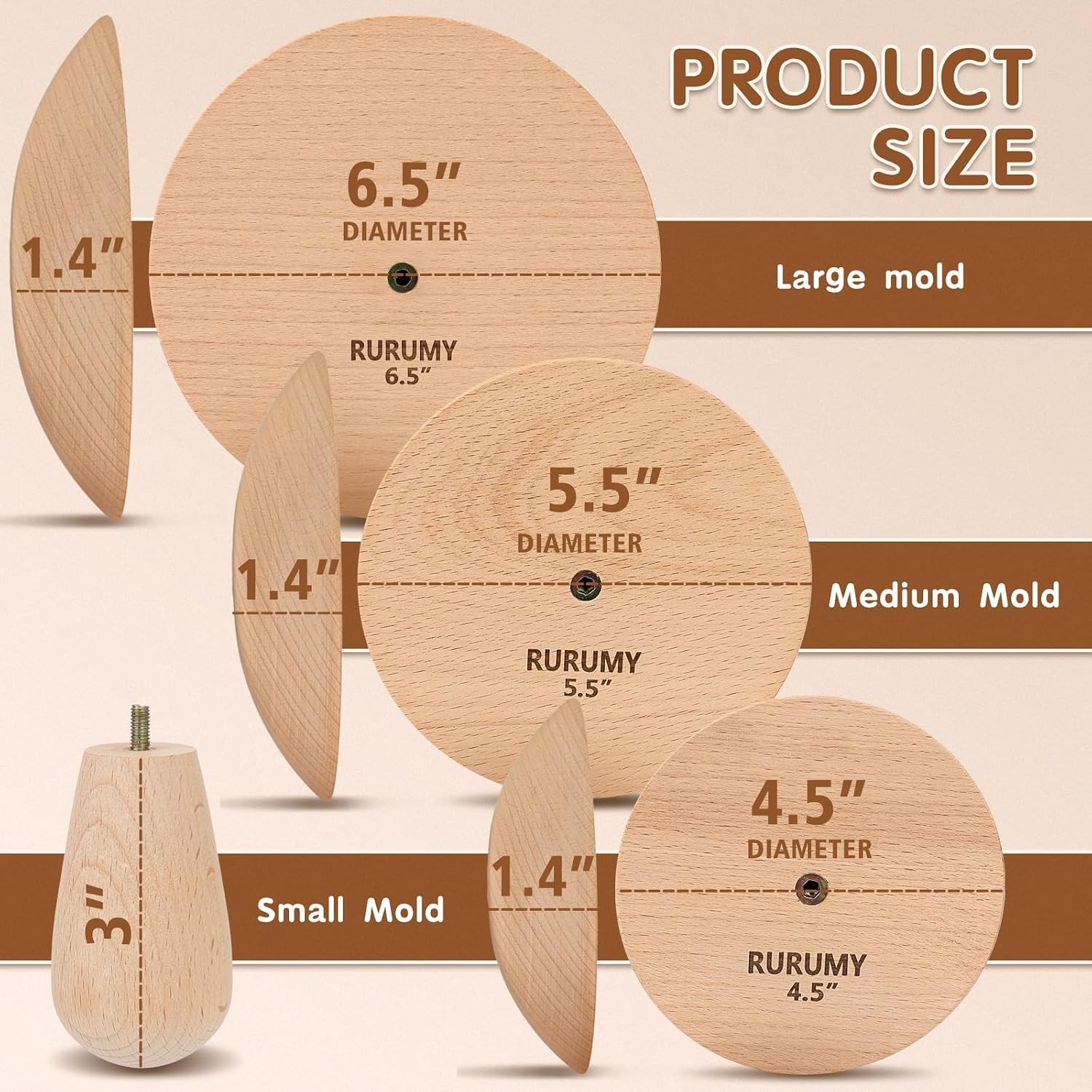 Pottery Molds Solid Wood - 4.5", 5.5", 6.5" Ceramic Clay Mold Set with Interc...