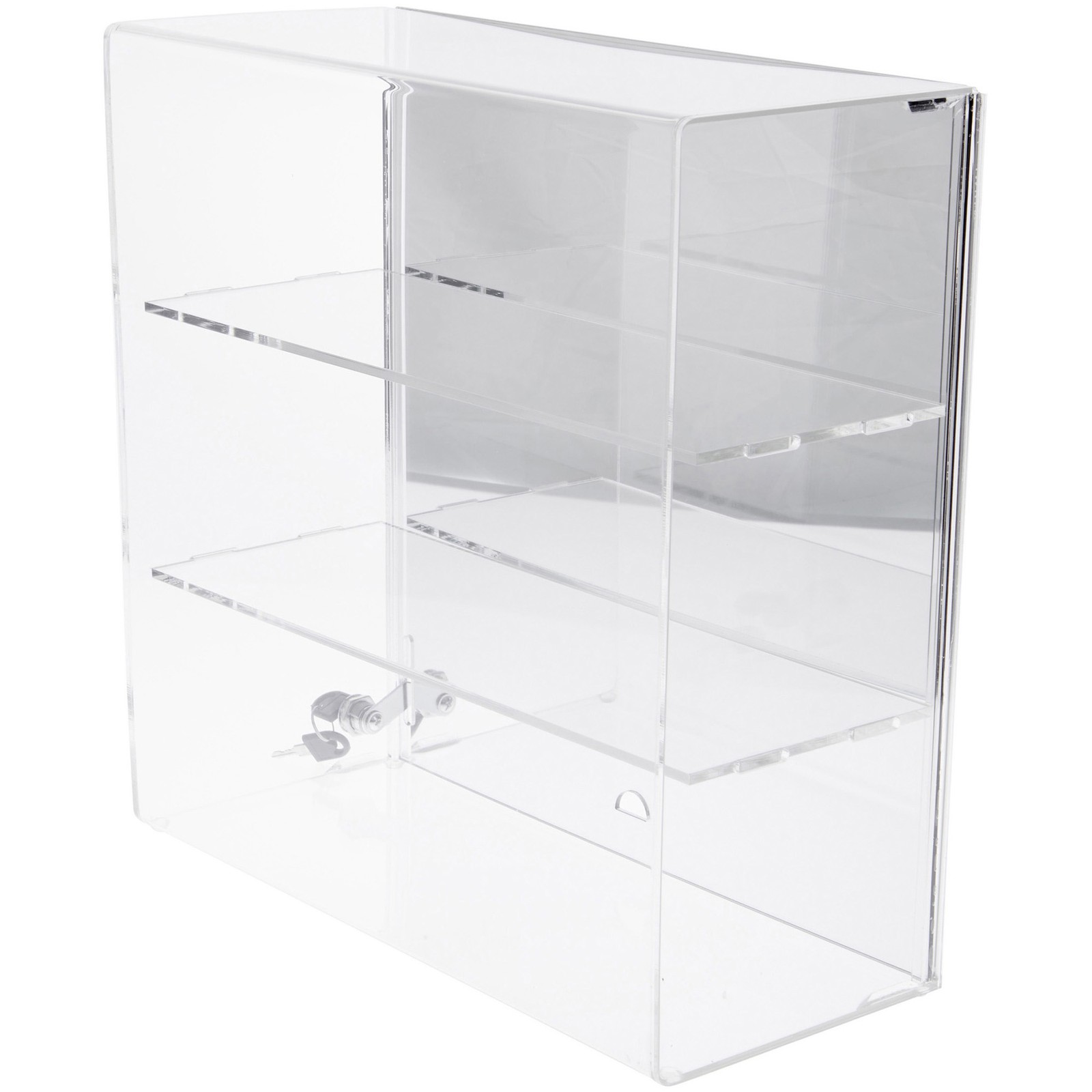 Plymor Acrylic Locking Case, Sliding Back, 2 Shelf, Mirrored 16.5" x 16.25" x 7"