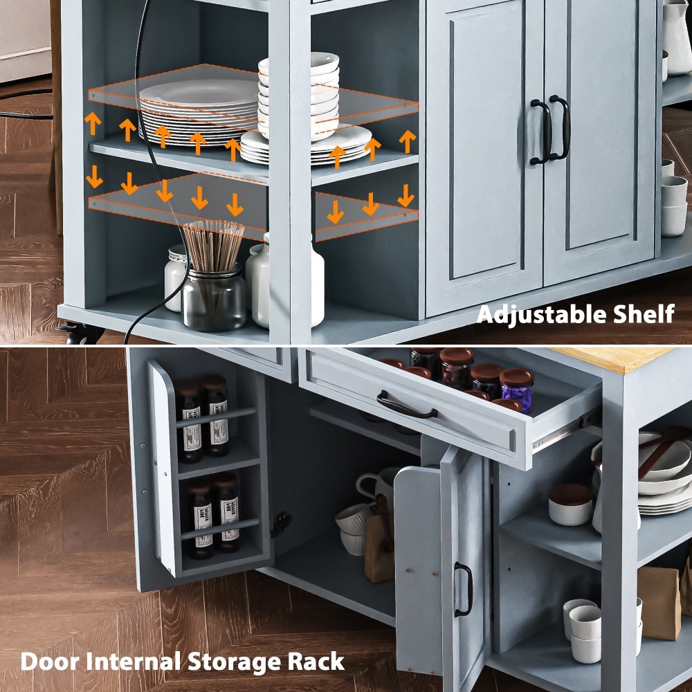 47-inch Kitchen Island w/ Extendable Table, Storage, Outlet - Grey Blue