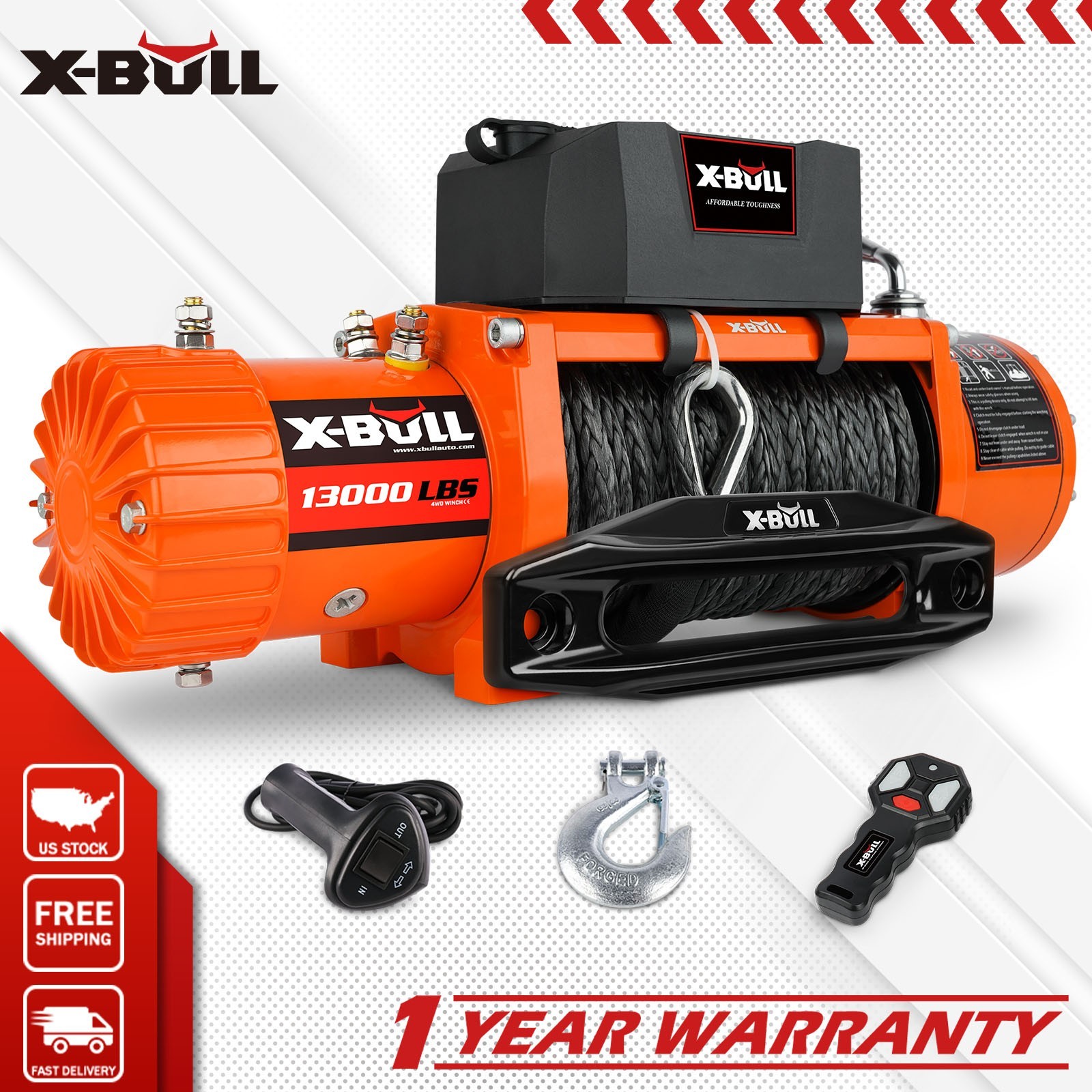 X-BULL 13000LBS Electric Winch 12V Synthetic Rope Off-Road Towing Truck Jeep 4×4