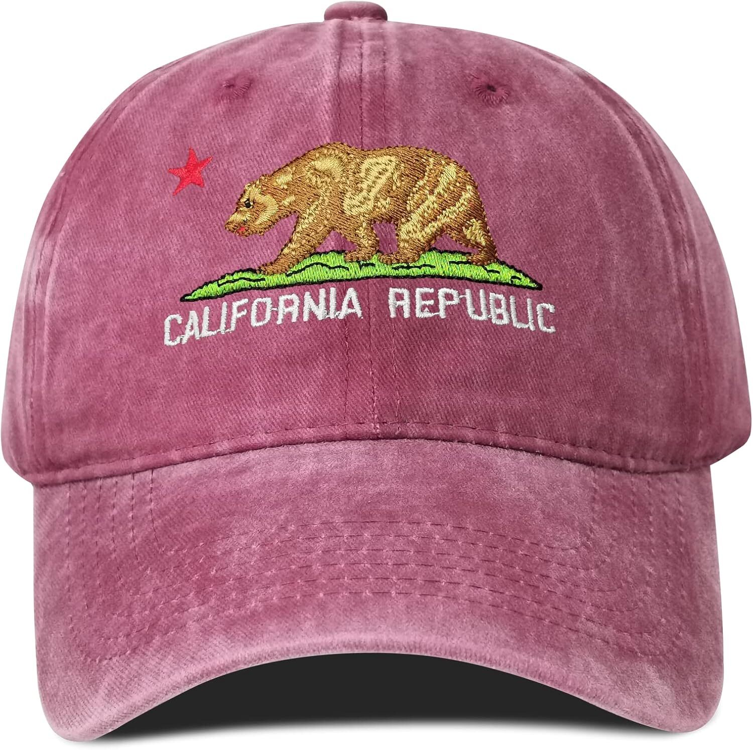 Embroidered California Bear One Size, (Washed Burgundy)