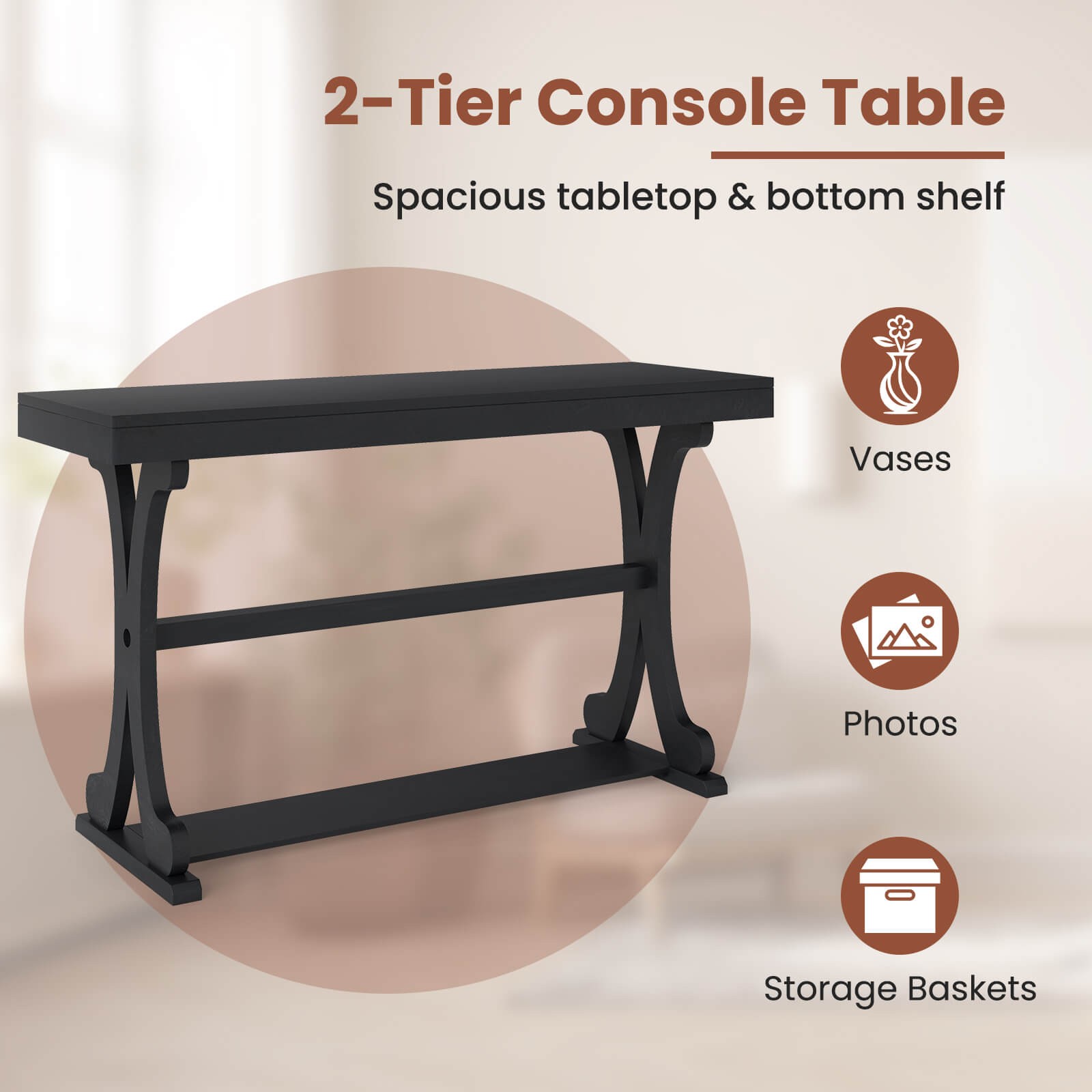 Narrow Console Table Vintage Accent Sofa Table with Open Storage Shelf Black