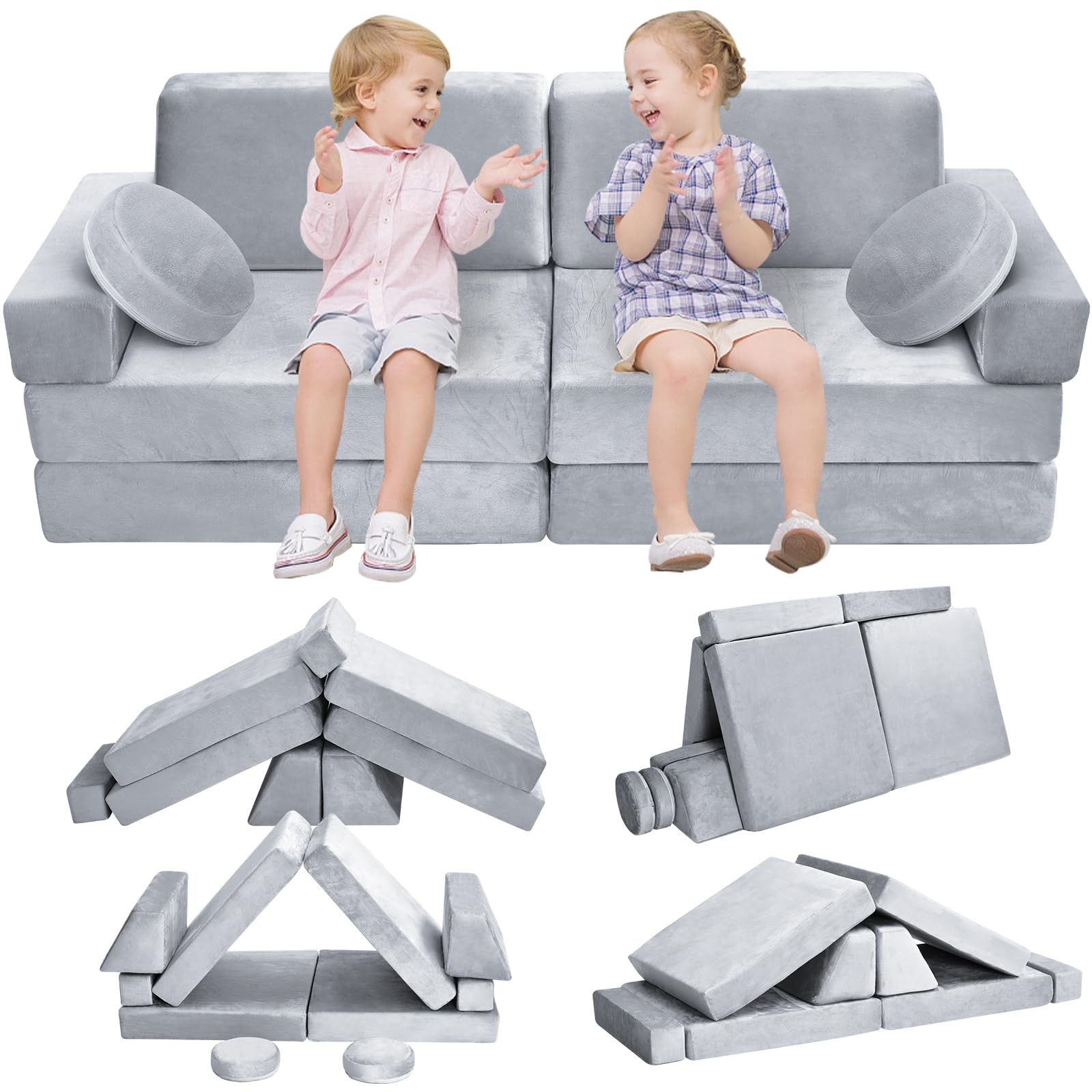 10Pcs Play Couch,Sofa,Modular Couch for Playing, Creativing, Sleeping (Grey)