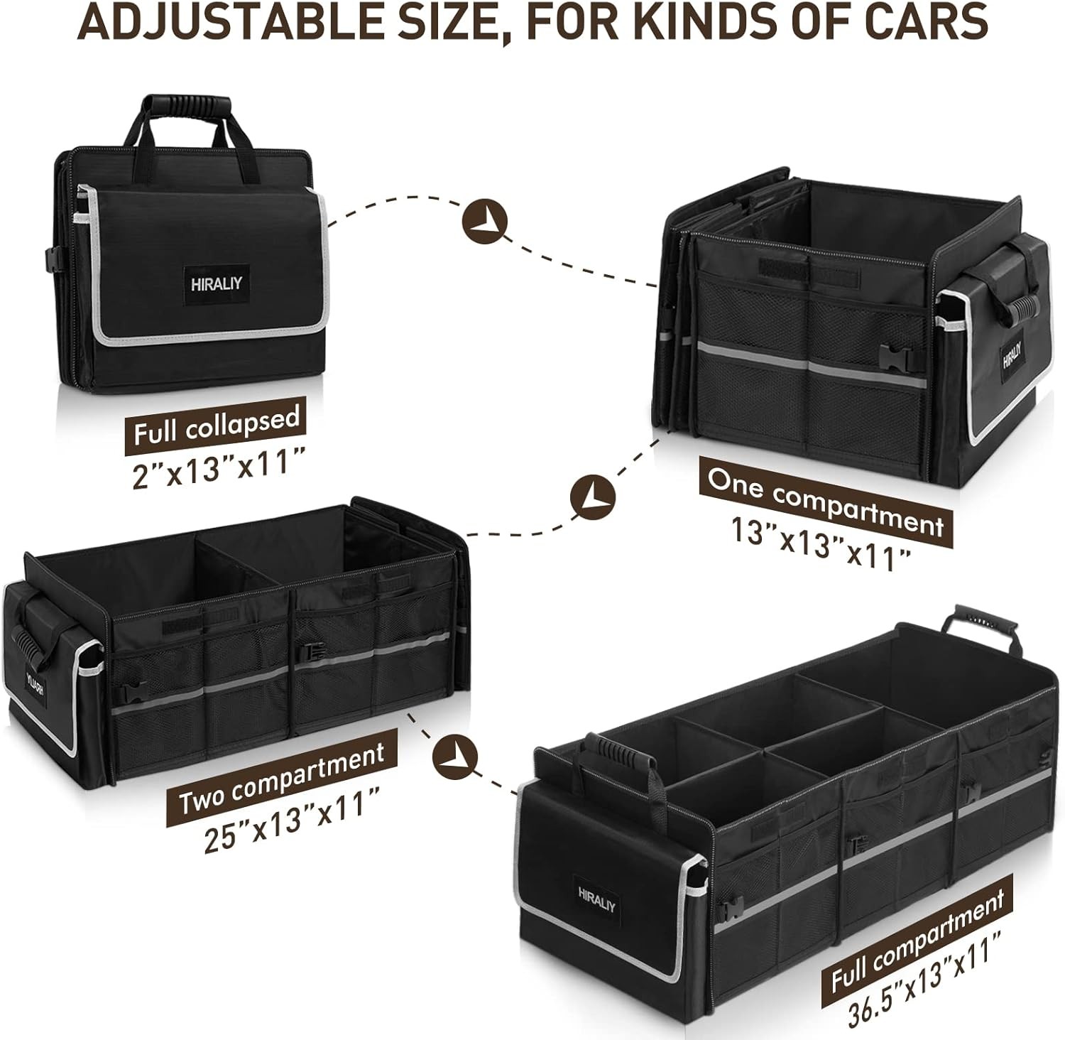 HIRALIY 4 in 1 Car Trunk Storage Organizer, Multi Compartment Foldable Trunk