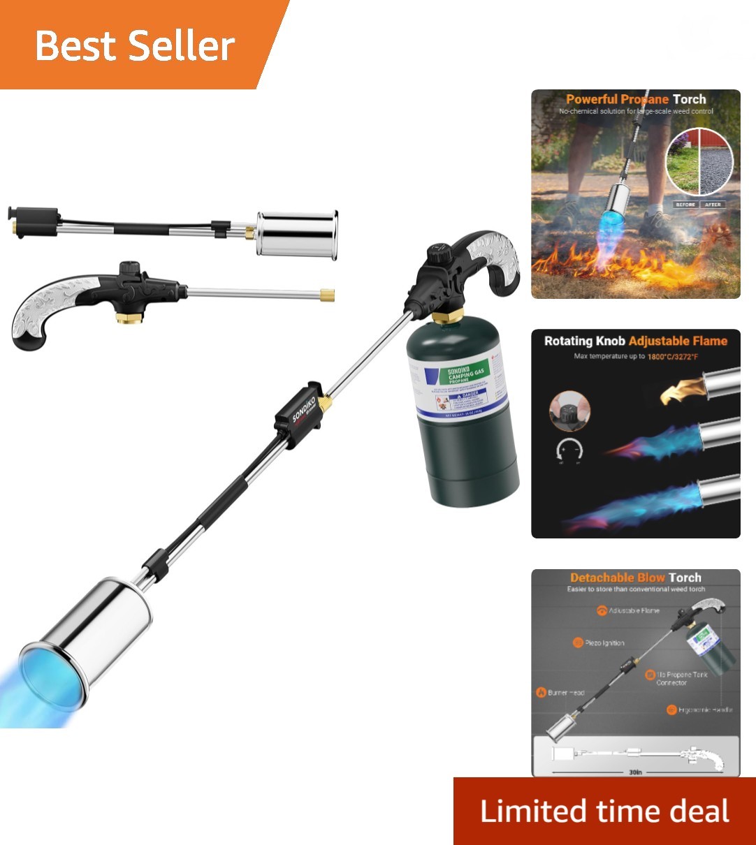 Propane Torch Weed Burner, High Output Weed Torch Flamethrower, 30" Detachabl...