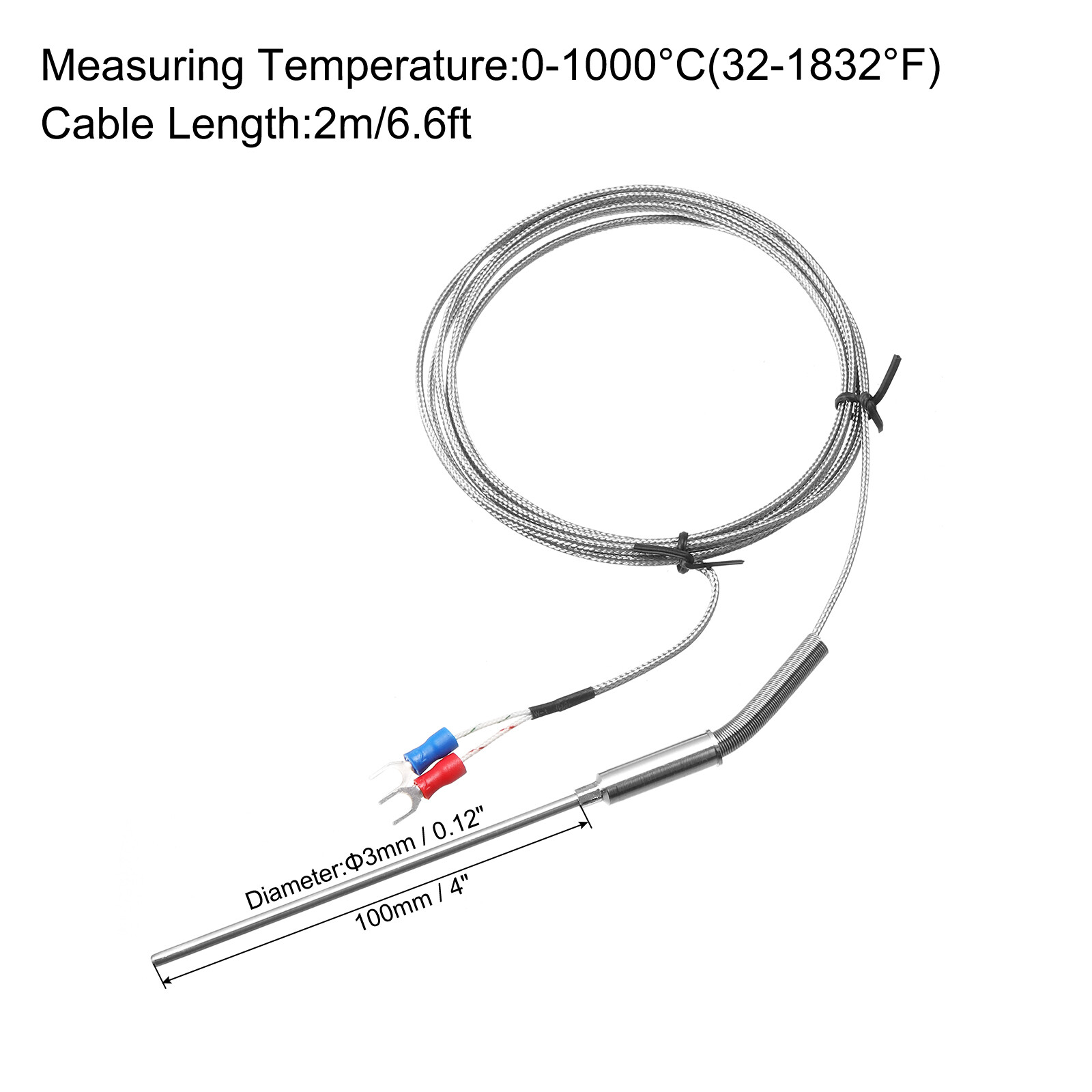 K Type Thermocouple Temperature Sensor Probe 1/8"x4" 6.6ft Wire
