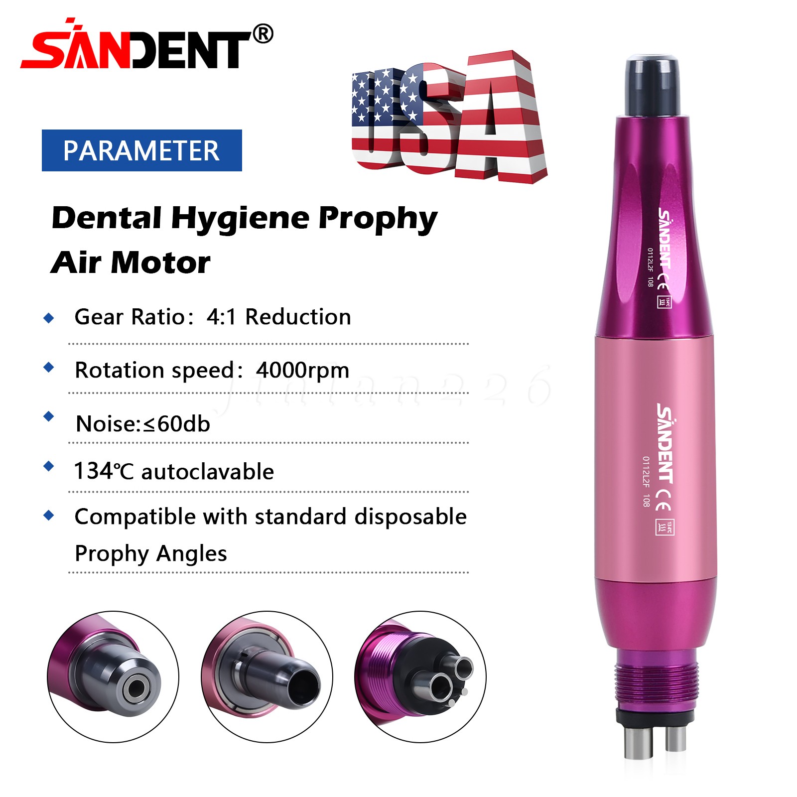 Dental 4:1 Hygiene Prophy Handpiece Straight Cone Air Motor 4Hole 360° Swivel