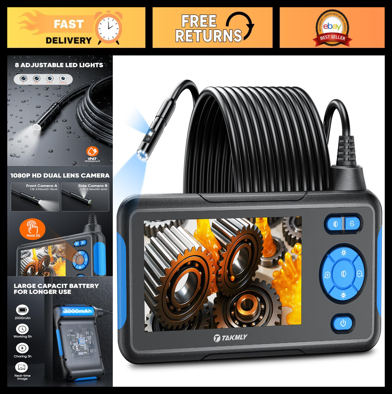 Industrial Endoscope Inspection Camera, 1080P Dual Lens Borescope, 4.3" LCD, 16.