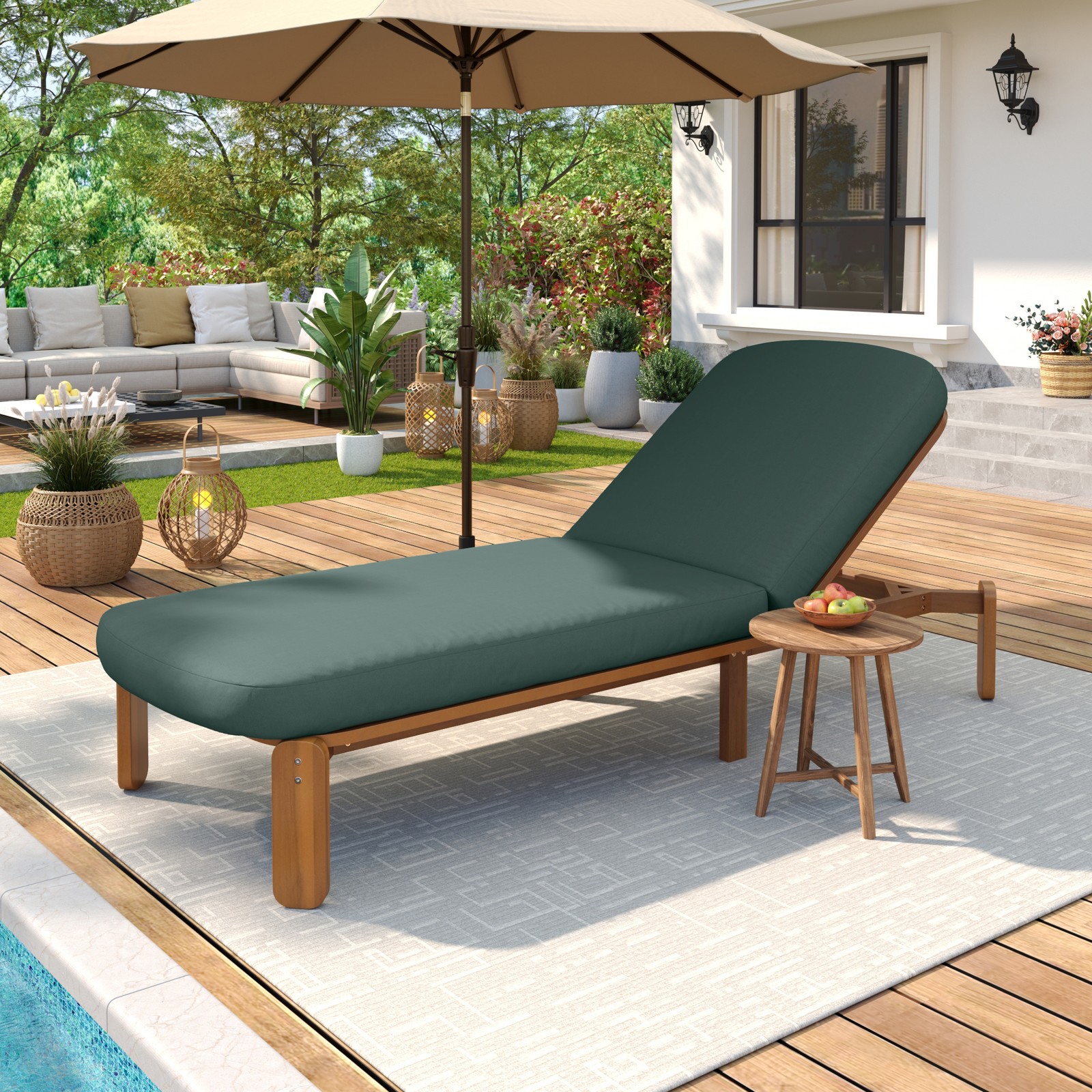 Acacia Wood Adjustable Reclining Chaise Lounge with Green Cushions, 76x29x38.5in