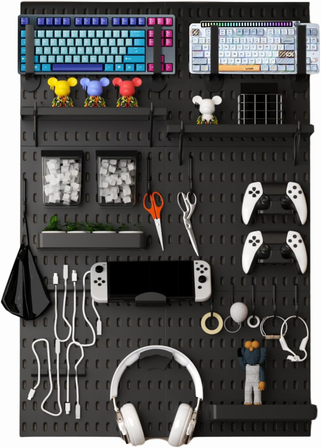 Pegboard Wall Organizer Gaming Setup Desk Kit Hooks Bins Headset Cable Holder