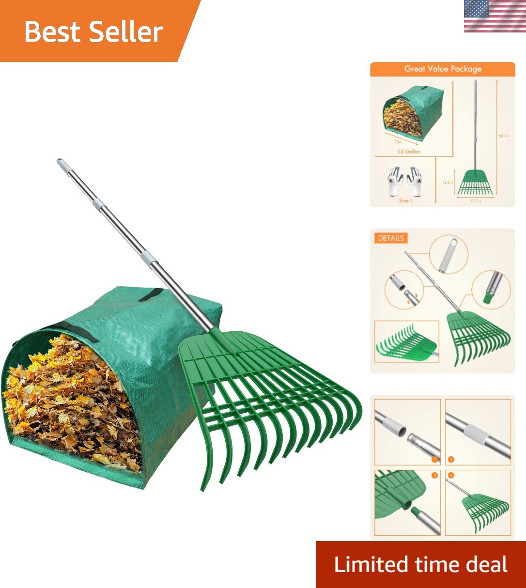 12 Tines Gardening Leaf Rake, Lightweight Steel Handle, Detachable, Ideal Cam...