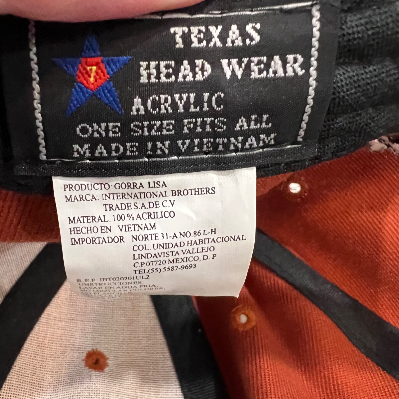 Texas in White on Orange Hat Cap Hook Loop Texas Headwear EUC