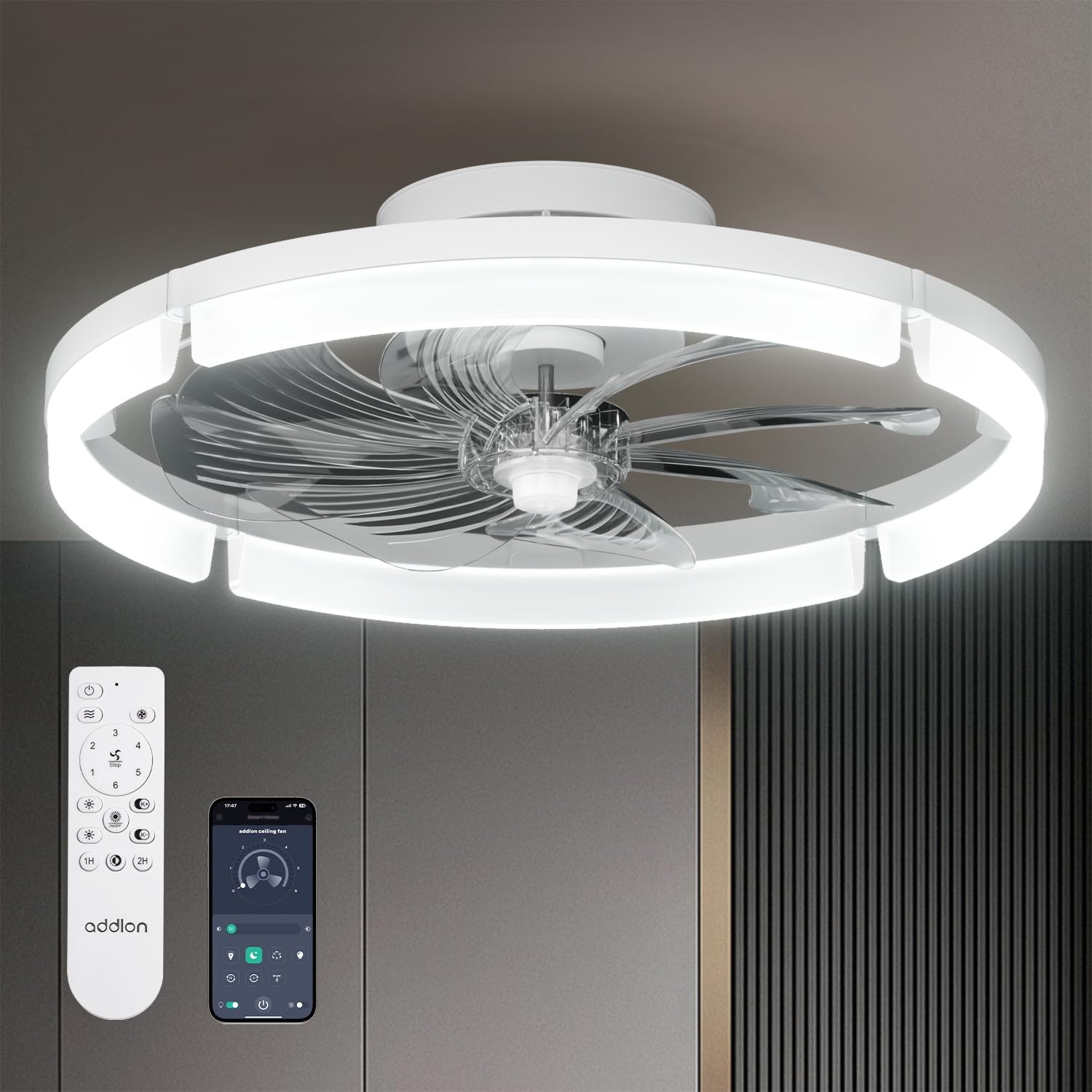 addlon 20 inch Ceiling Fan LED Light Remote Dimmable 3000-6000K Flush Mount