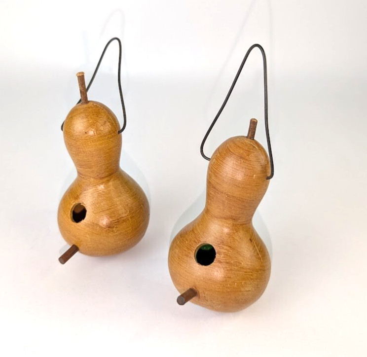 2 Small 4" Stained Gourds Cut for Birdhouses with Perches & Hanging Wires