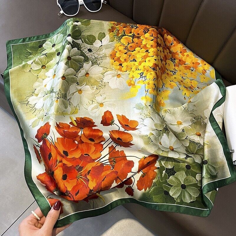 100% Silk Mulberry 27" Square Scarf Women Vintage Neckerchief Wrap Orange Flower