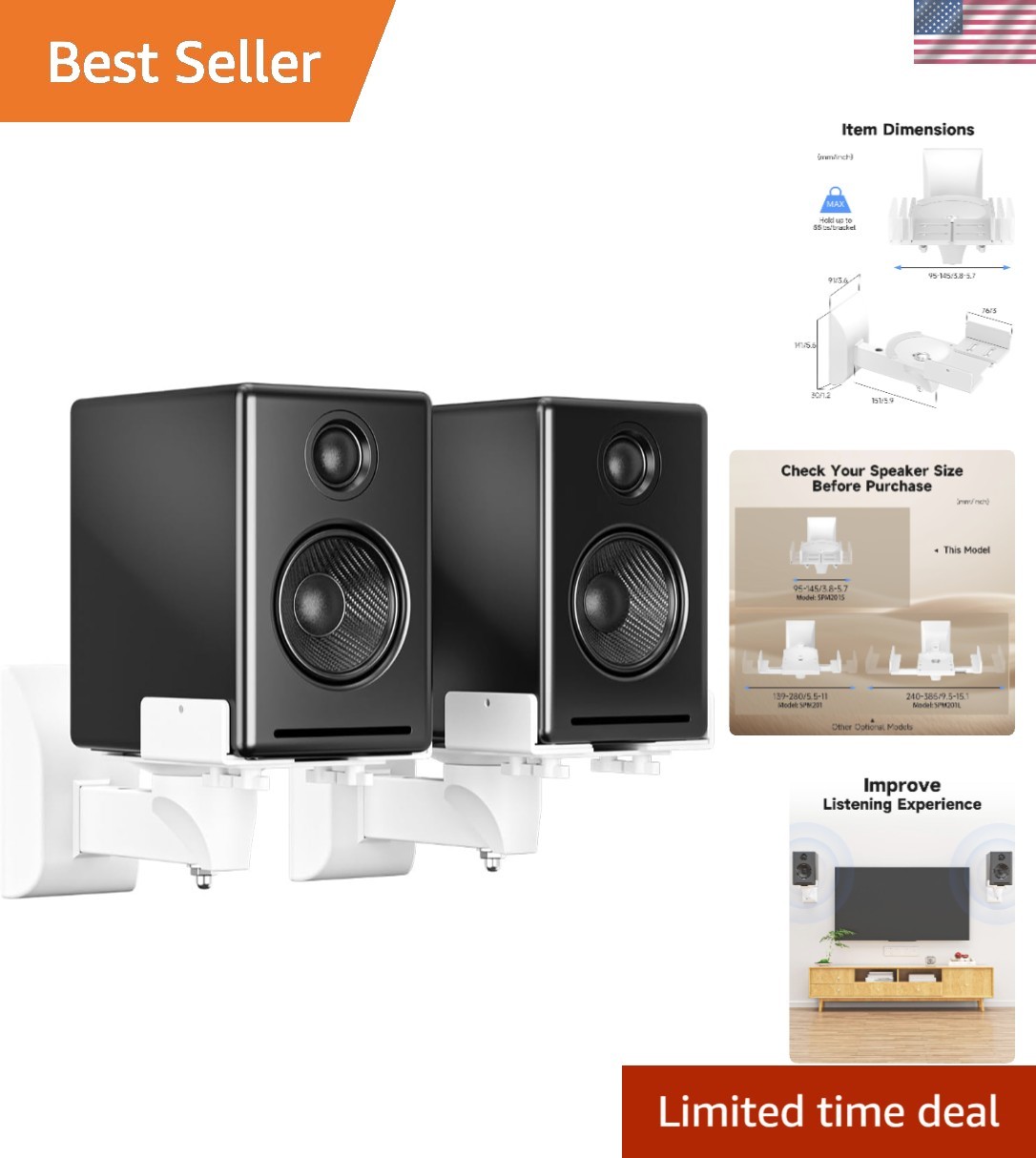 Small Dual Side Clamping Bookshelf Speaker Wall Mounting Bracket for Small Su...
