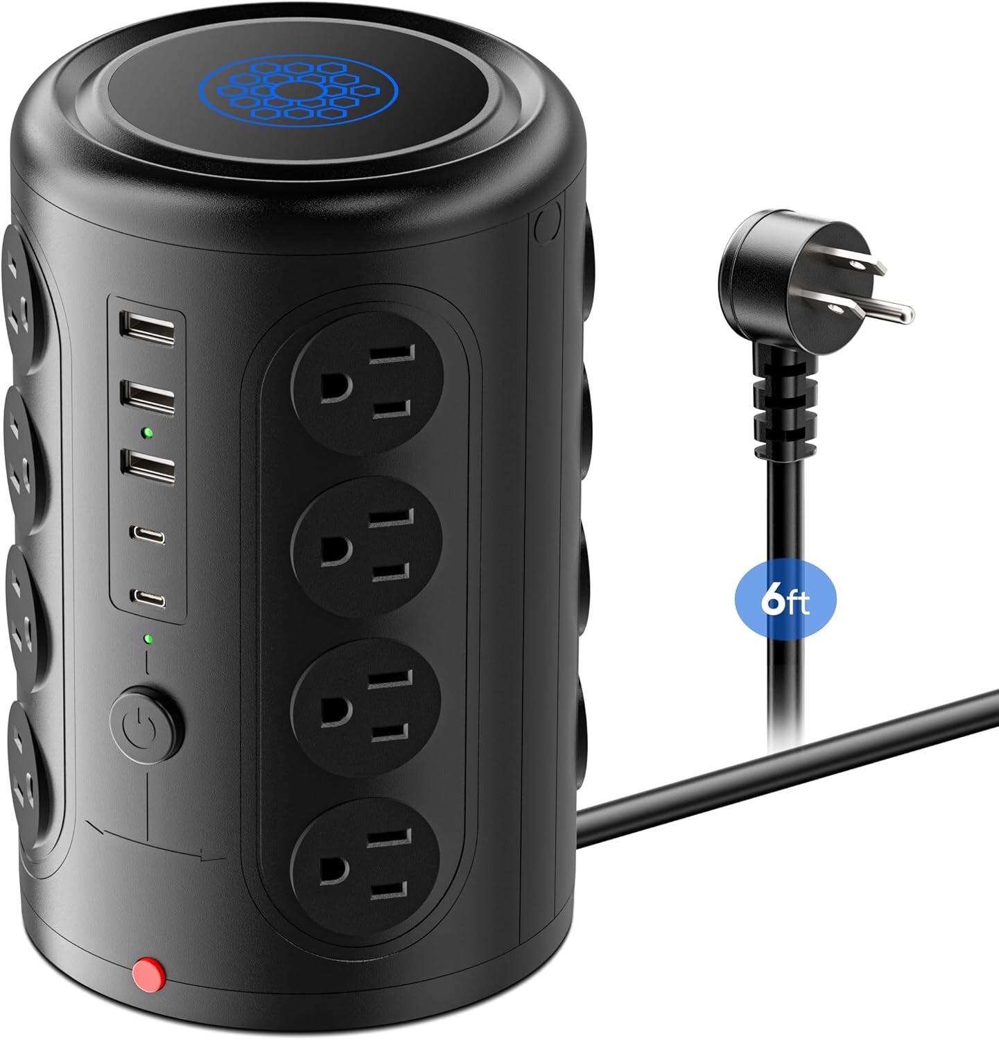 Heavy Duty Power Strip Tower 16 Outlets 5 USB Ports 6FT Extension Cord Black