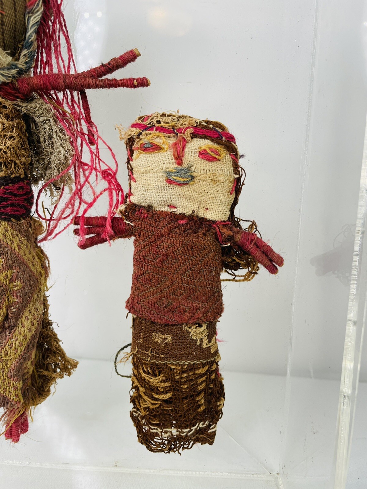 Peruvian Chancay Burial Dolls Funiary Brocade Pink Mounted Plexiglass Box Two