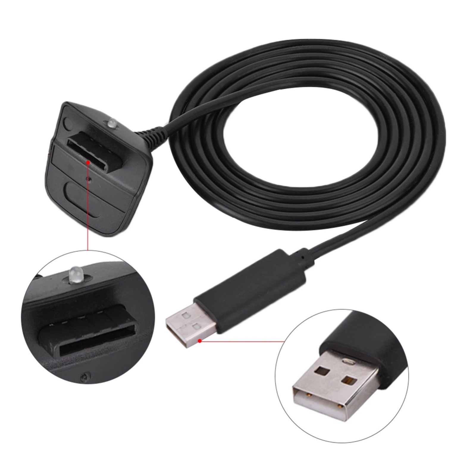 For Xbox 360 Black Wireless Controller USB Charging Cable Replacement Charger
