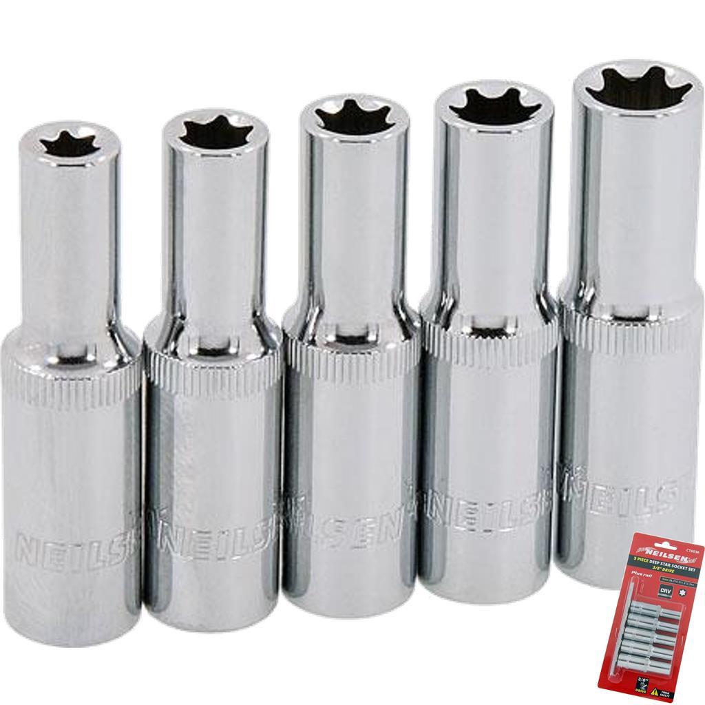 Neilsen Deep Star Profile Sockets E8 - E14 Socket Set 5pc 3/8" Socket Rail