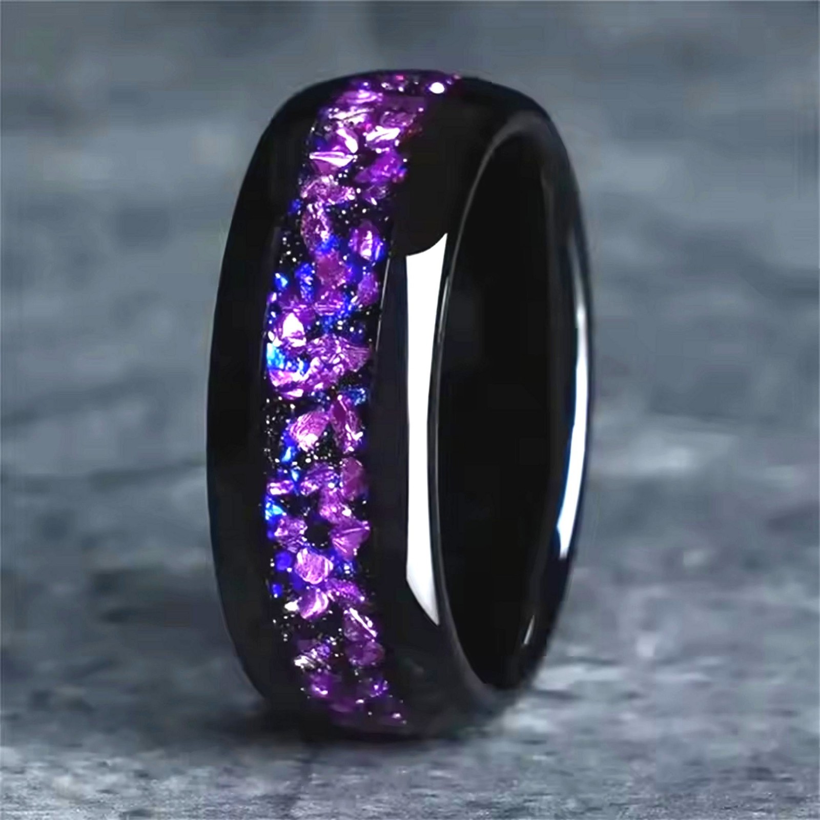 Synthetic Tanzanite Ring Black Stainless Steel Purple Wedding Band Mens Womens