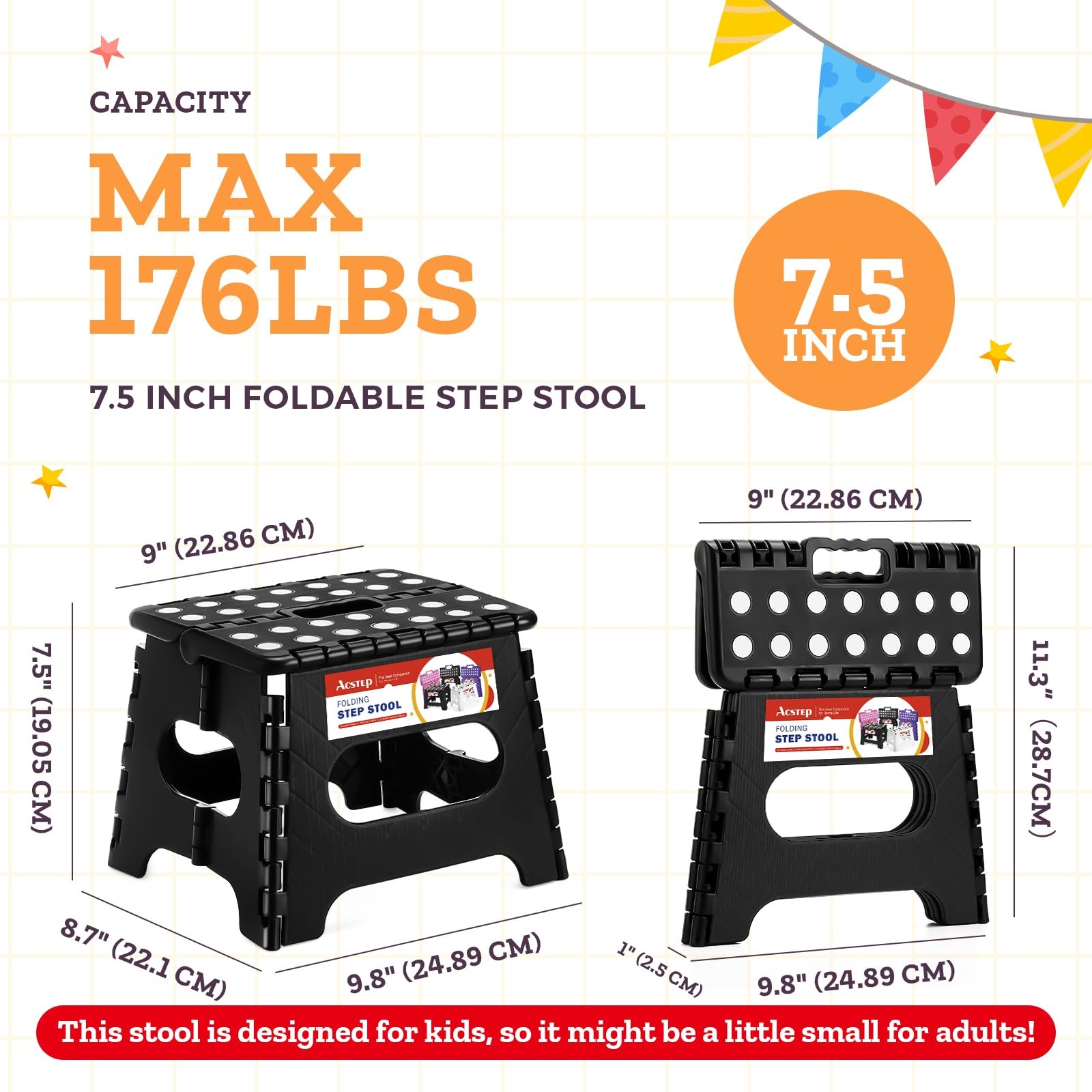 7.5 Inch Folding Step Stool Foldable Stool Height Kids Step Stool, 176 lb Capaci
