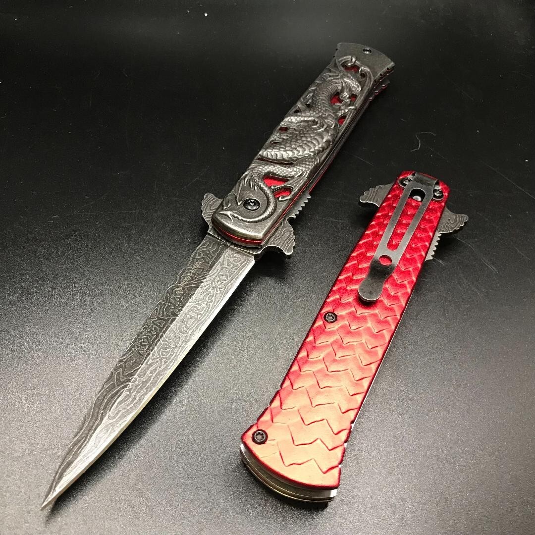 8.75” Dragon Engraved Spring Open Assisted Tactical EDC Folding Pocket Knife