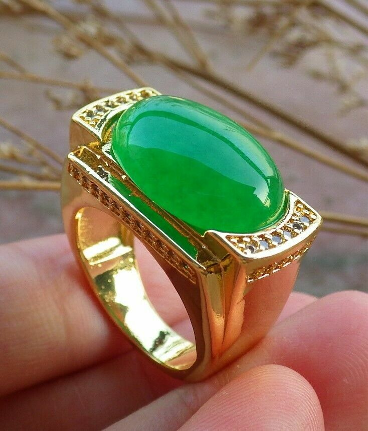 Fashion Yellow Gold Plated Genuine Green Jade Cabochon Inlay Cubic Zirconia Ring