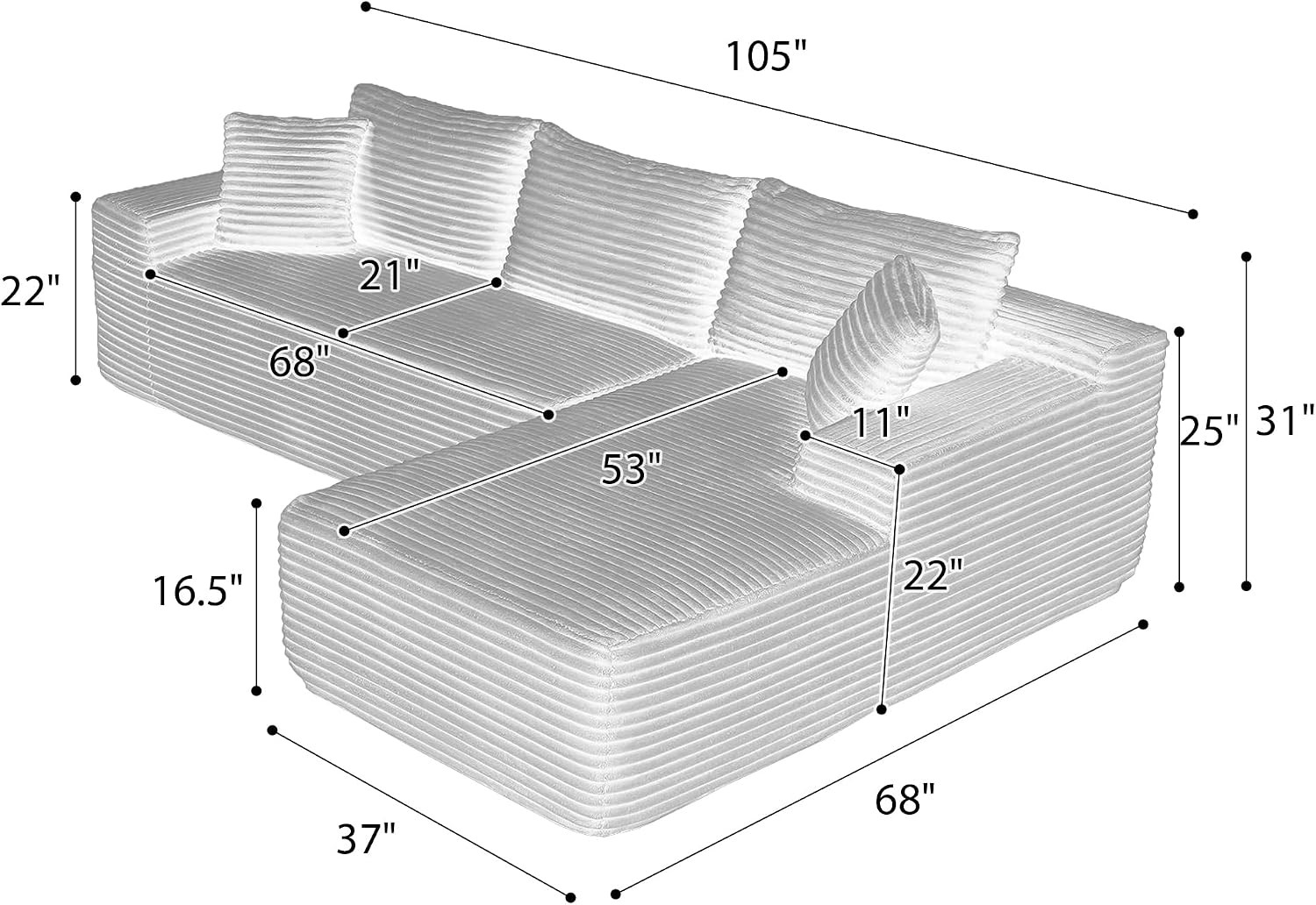 105-Inch L-Shaped Right Facing Corner Compressed Sofa Modular Sectional Boneless