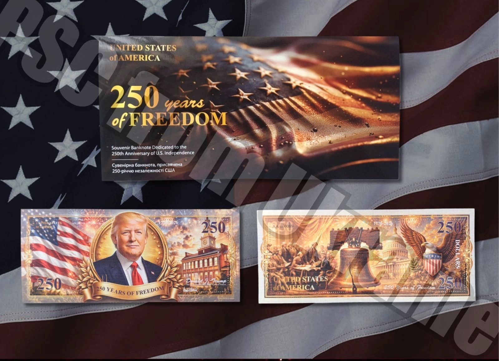 Souvenir banknote 250 years of American independence USA President Trump Freedom