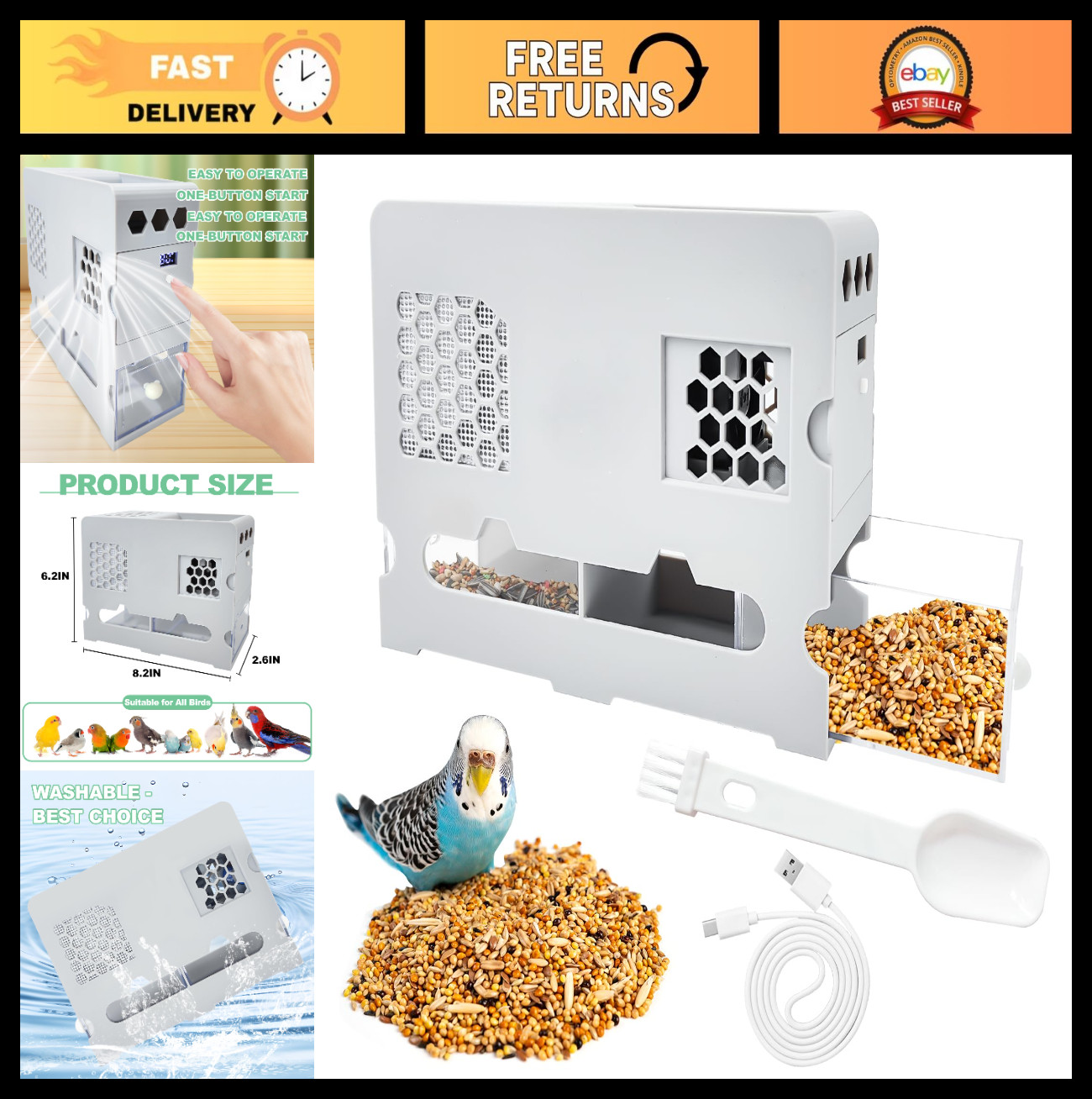 Bird Seed Sheller Machine - No Assembly, Adjustable Speed, Digital Display, Rech