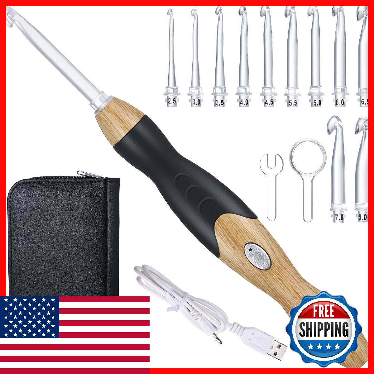 Chuangdi 11 Sizes Lighted Crochet Hooks Set Rechargeable w/Case 2.5-8mm