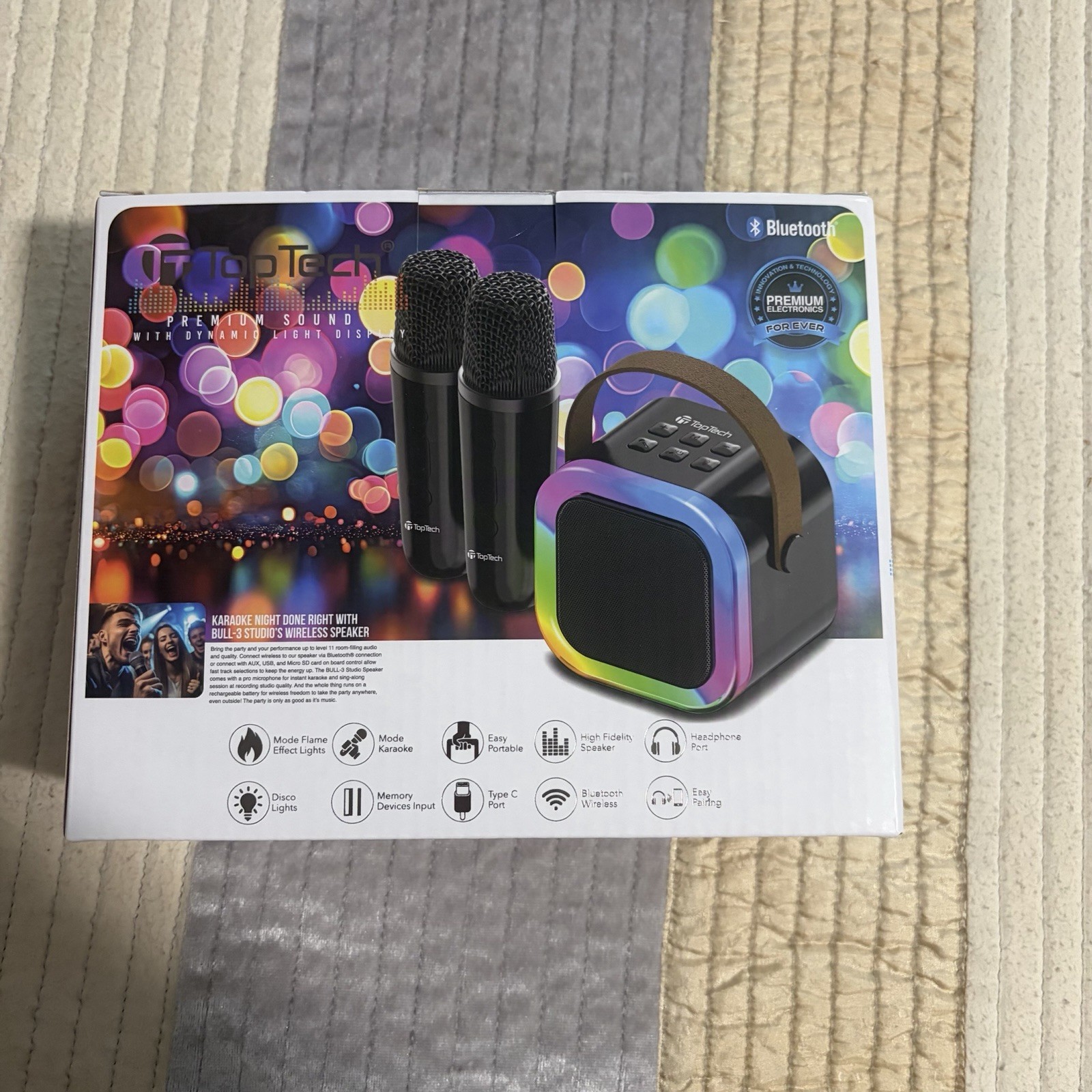 TopTech Bluetooth Portable Karaoke System, Rechargeable, LED Lights, 2 Mics