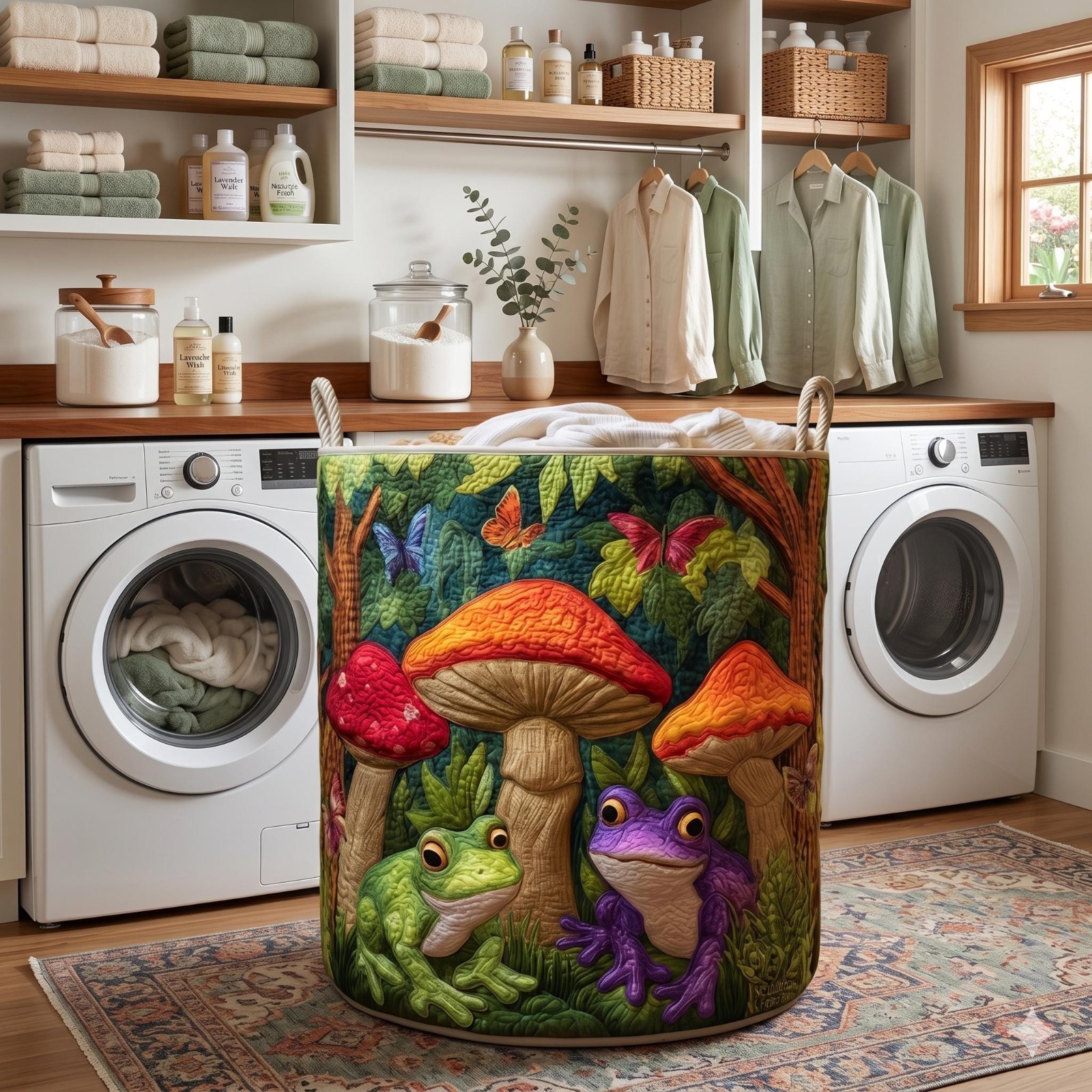 Frog Mushroom Quilted Laundry Basket, Woodland Animal Hamper, Cute Frog Storage