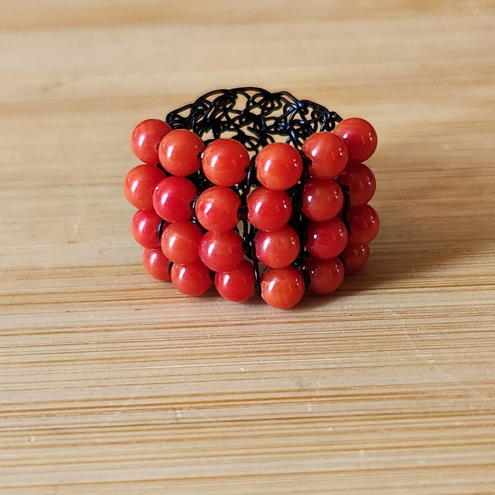 Edgy Red Glass Bead Ring Black Crochet Wire Band Size 4.5