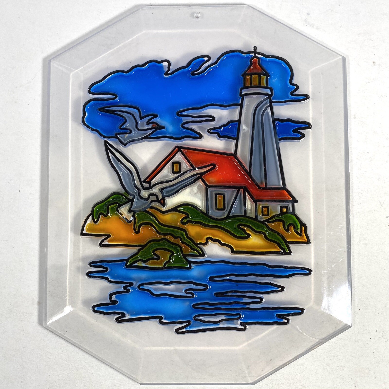 Lighthouse Vintage Suncatcher Ocean Beach House Seagulls Enamel 7” Window Decor