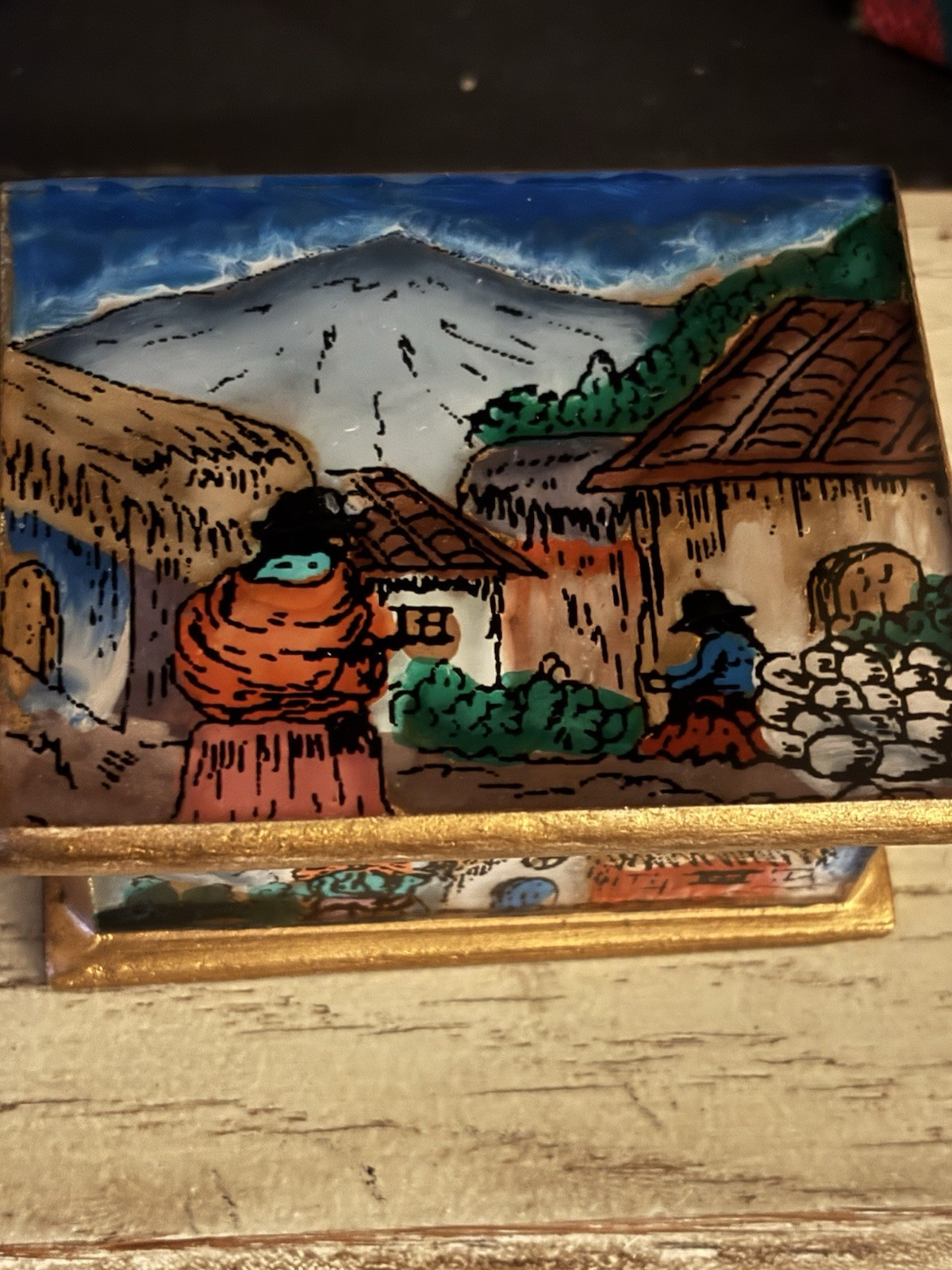 Peru Folk ART Peruvian Village Reverse Glass Painting Wooden Mini Trinket Box